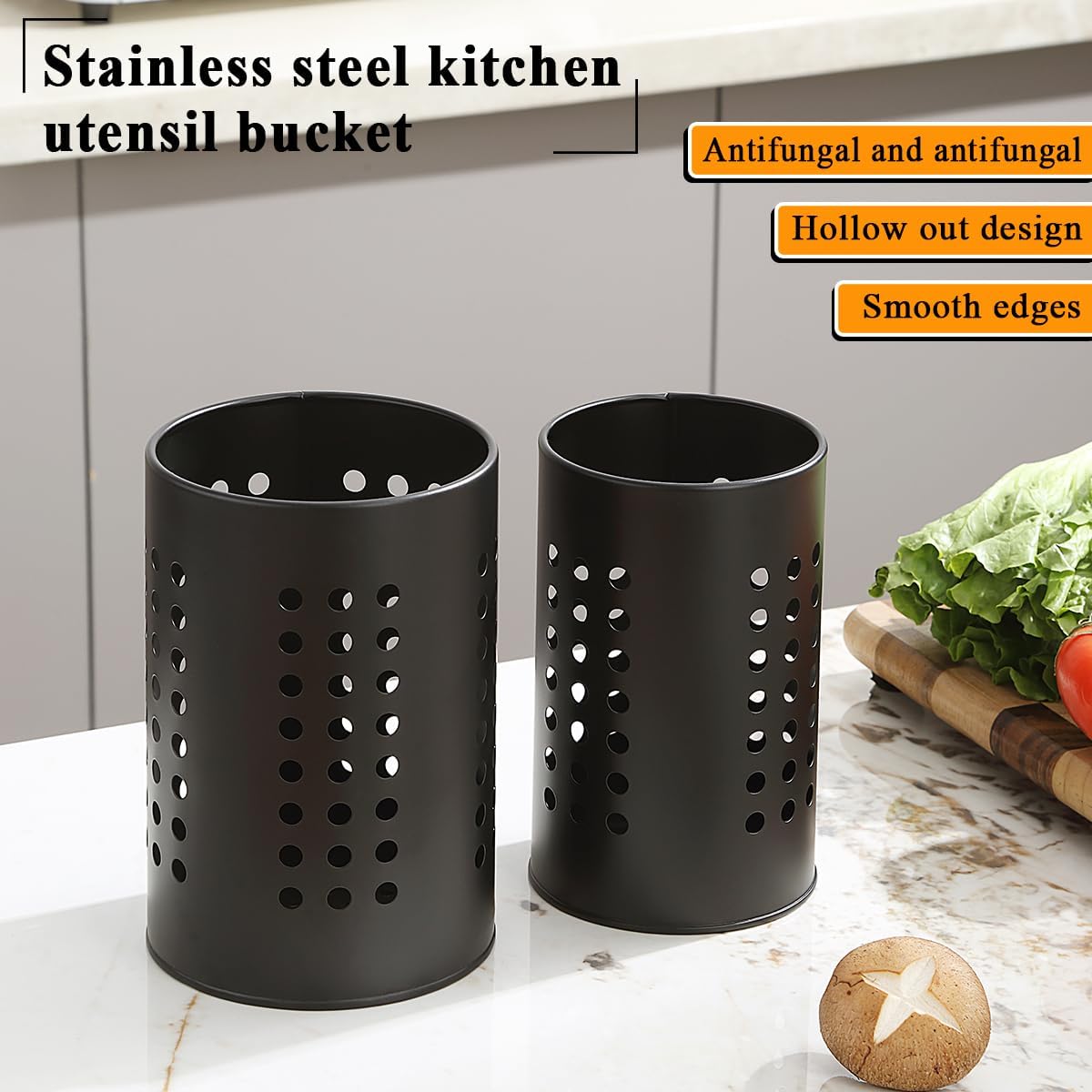 Cutlery holder for crockery, suitable for countertops, 2-pack, stainless steel black kitchen utensil holder, stylish storage box and decorative kitchen utensil pot, perfect gift for a new house or apartment - Image 3