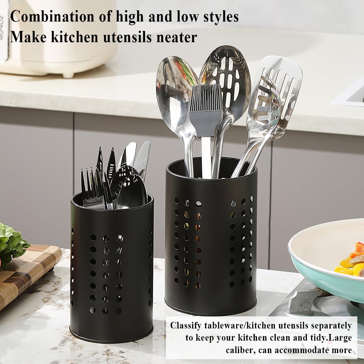 Cutlery holder for crockery, suitable for countertops, 2-pack, stainless steel black kitchen utensil holder, stylish storage box and decorative kitchen utensil pot, perfect gift for a new house or apartment - Image 4