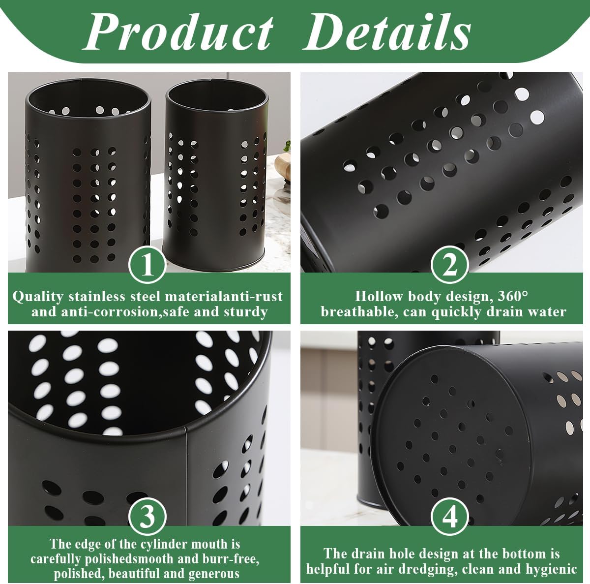 Cutlery holder for crockery, suitable for countertops, 2-pack, stainless steel black kitchen utensil holder, stylish storage box and decorative kitchen utensil pot, perfect gift for a new house or apartment - Image 7