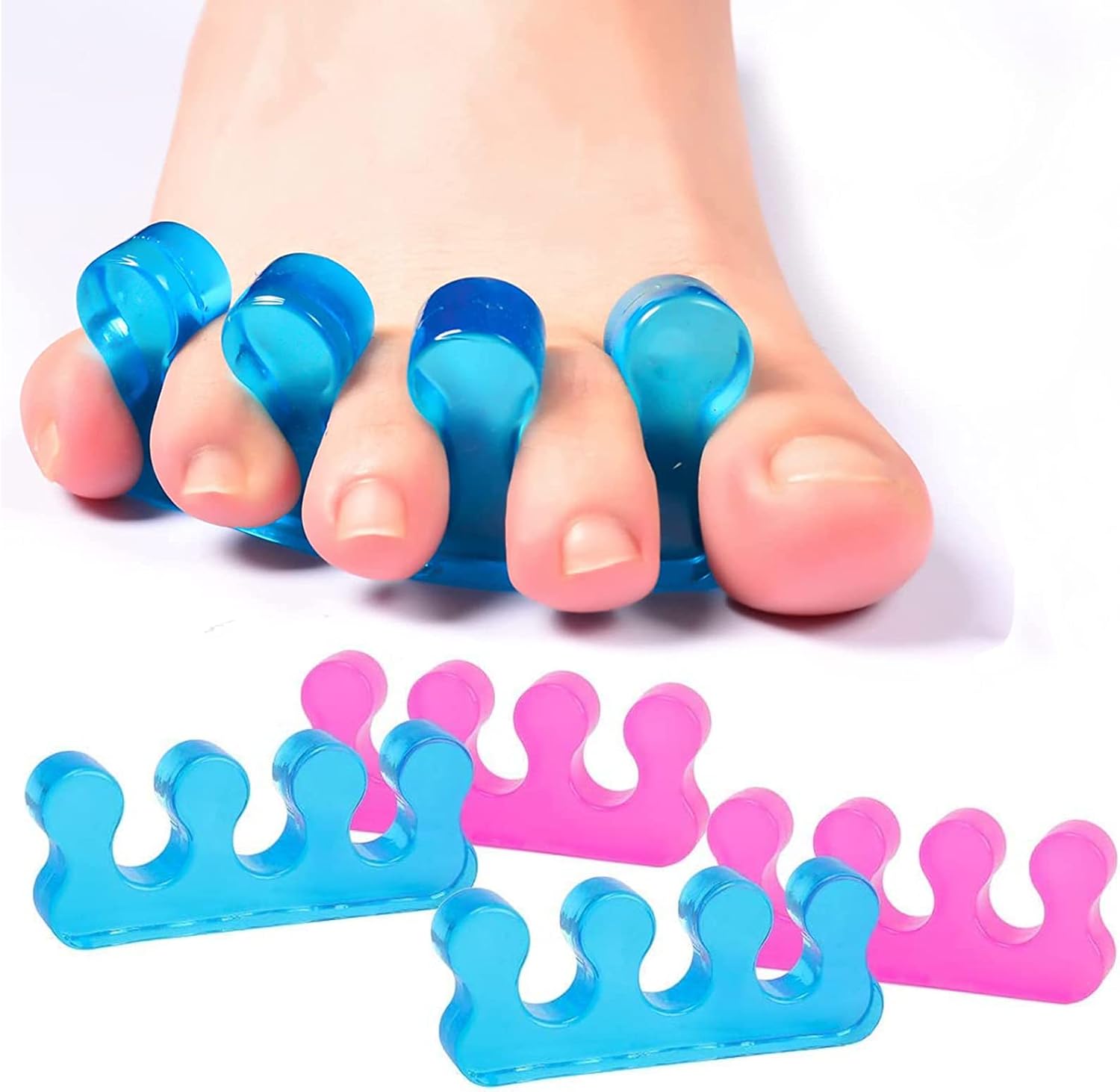 4-pack gel toe separators, gel nail polish toe separators for men and women, correctors, reusable for overlapping toes, bunions, hammertoes, relief of foot pain, pedicure and manicure - Image 1