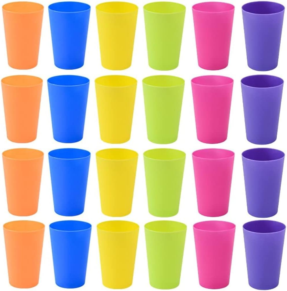Set of 24 reusable plastic cups, 250 ml, durable plastic drink cups for kids, for use in the kitchen, outdoors, parties, picnics, barbecues, travel (6 bright colours) - Image 1