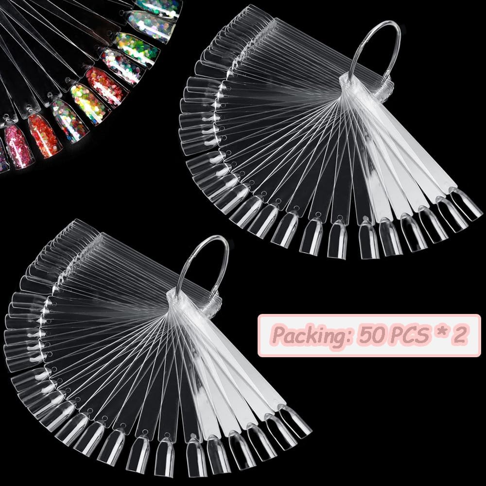 100 transparent nail sticks in fan shape, nail polish sticks, nail display sticks, transparent plastic pointed color sticks with metal ring for salons and beginners - Image 2