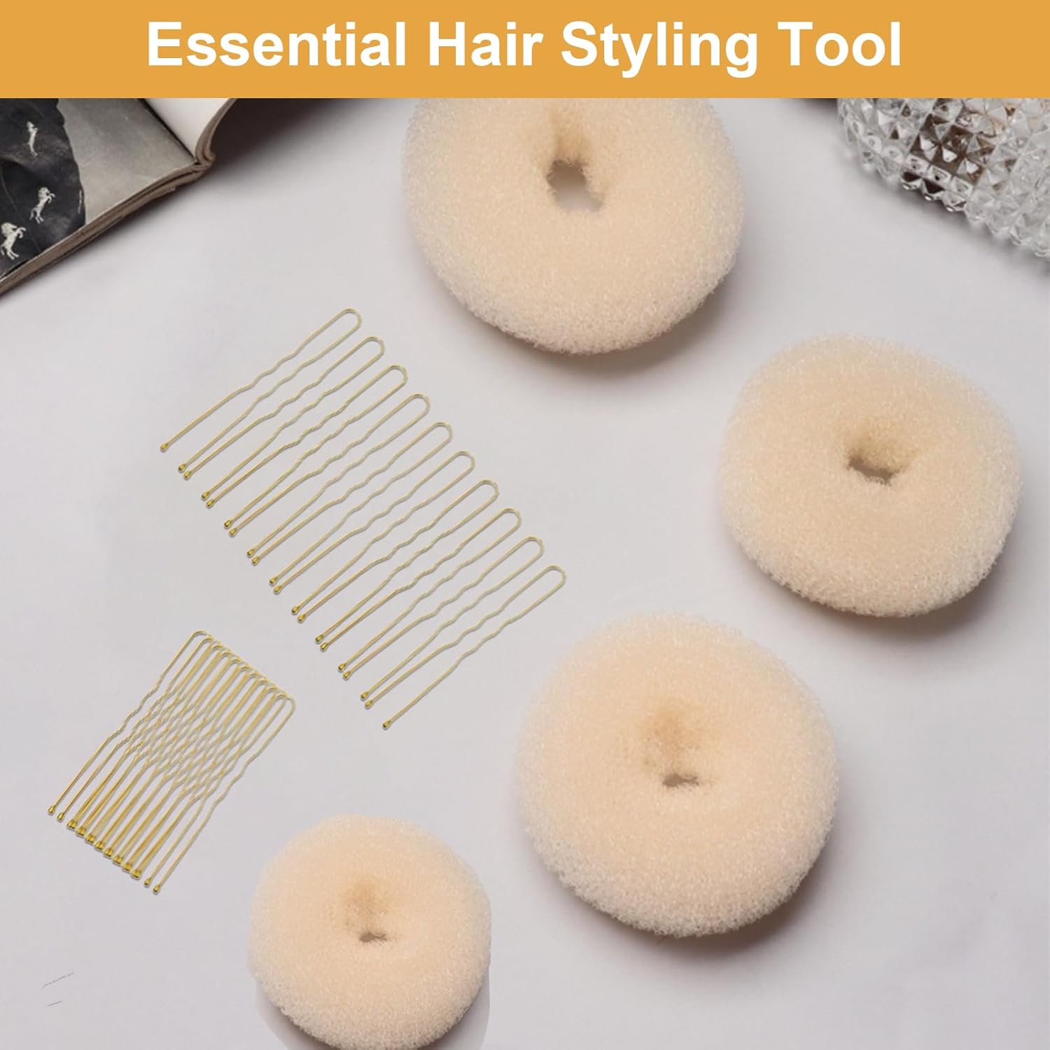4-piece ring donut hair knot styler with 20 gold hair clips, beige donut bun maker, hair rings, styling set for dancers, ballerinas, girls, etc. and everyday hair styling DIY (beige) - Image 3