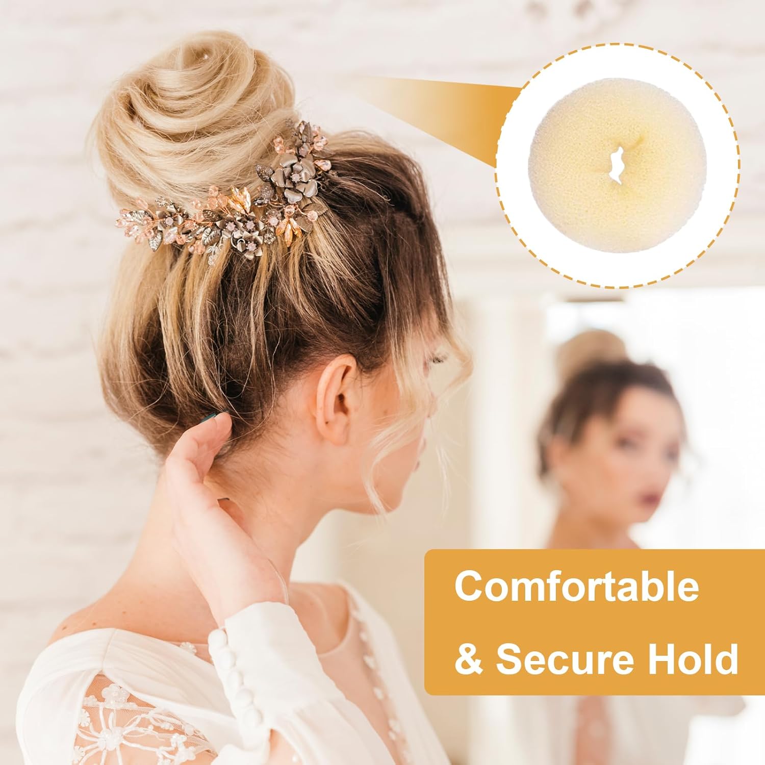 4-piece ring donut hair knot styler with 20 gold hair clips, beige donut bun maker, hair rings, styling set for dancers, ballerinas, girls, etc. and everyday hair styling DIY (beige) - Image 4