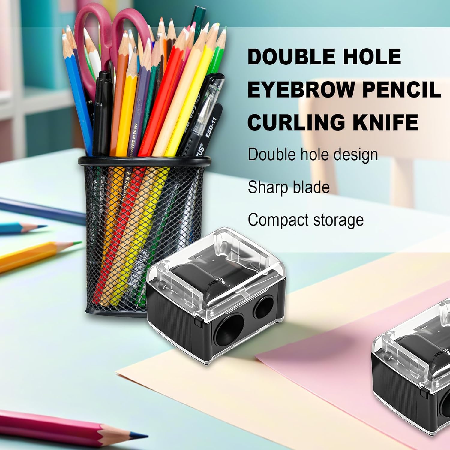 2-piece eyeliner pencil sharpener, makeup pencil sharpener with 2 holes, compact eyebrow pencil sharpener for different sizes of eyebrow pencils, eyeliner pencils, lip liners, etc., easy to clean (black) - Image 5
