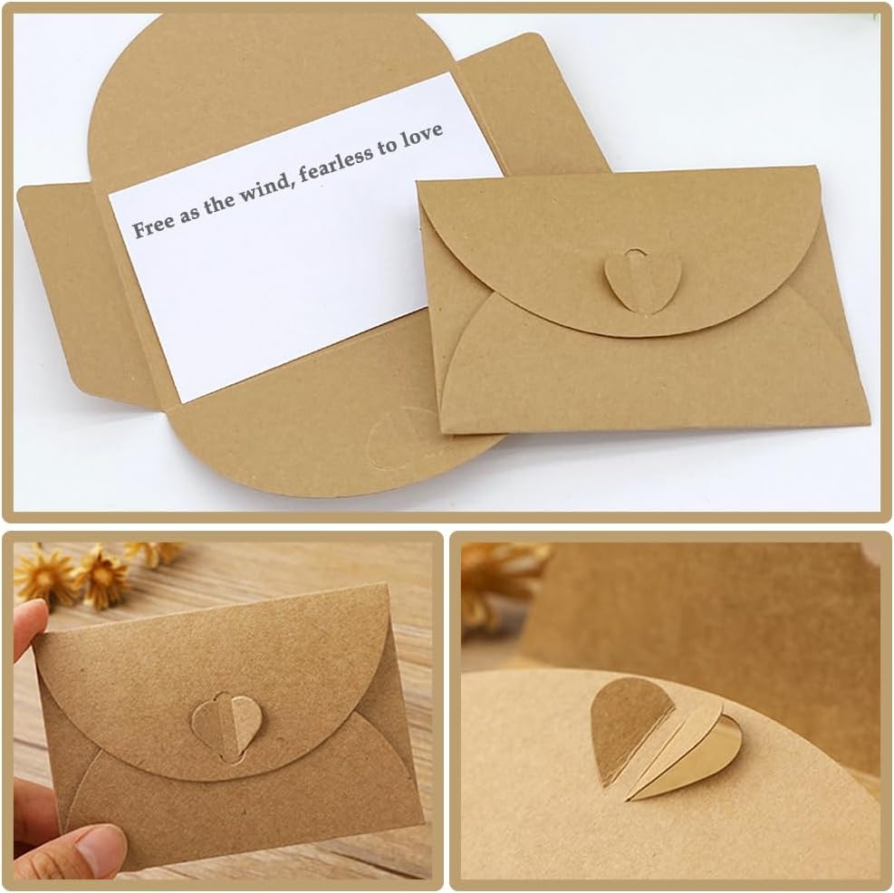 15 kraft envelopes with 15 blank cards - small heart-shaped closure, 10.5 x 7.5 cm, mini envelopes for thank you notes, invitations, birthday cards - Image 3