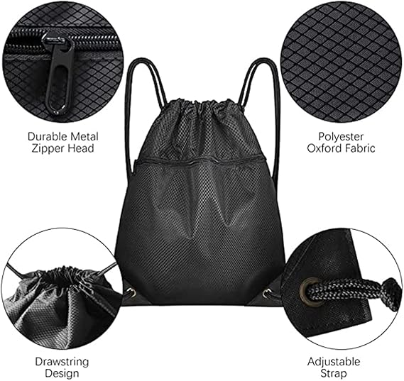 Drawstring sports bag - large sports bag with PE pocket and external zip - waterproof drawstring swim backpack for men, women, boys and girls - sports, school, beach holiday, swimming, travel, yoga - Image 2