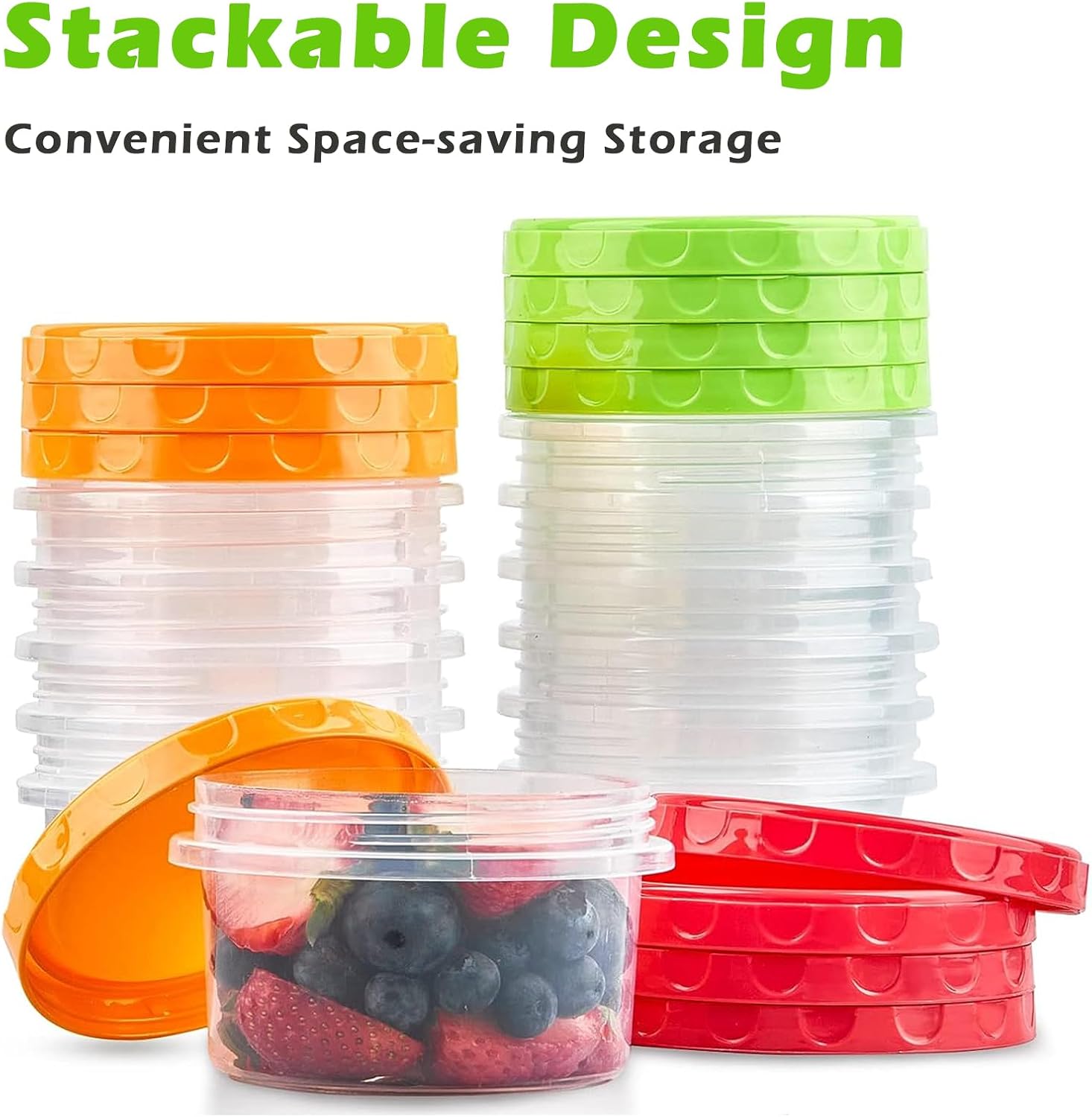 12 reusable 8-ounce plastic food containers with lids - deli containers - stackable food storage pots - dishwasher safe - microwave safe and freezer safe (red/green/yellow) - Image 4