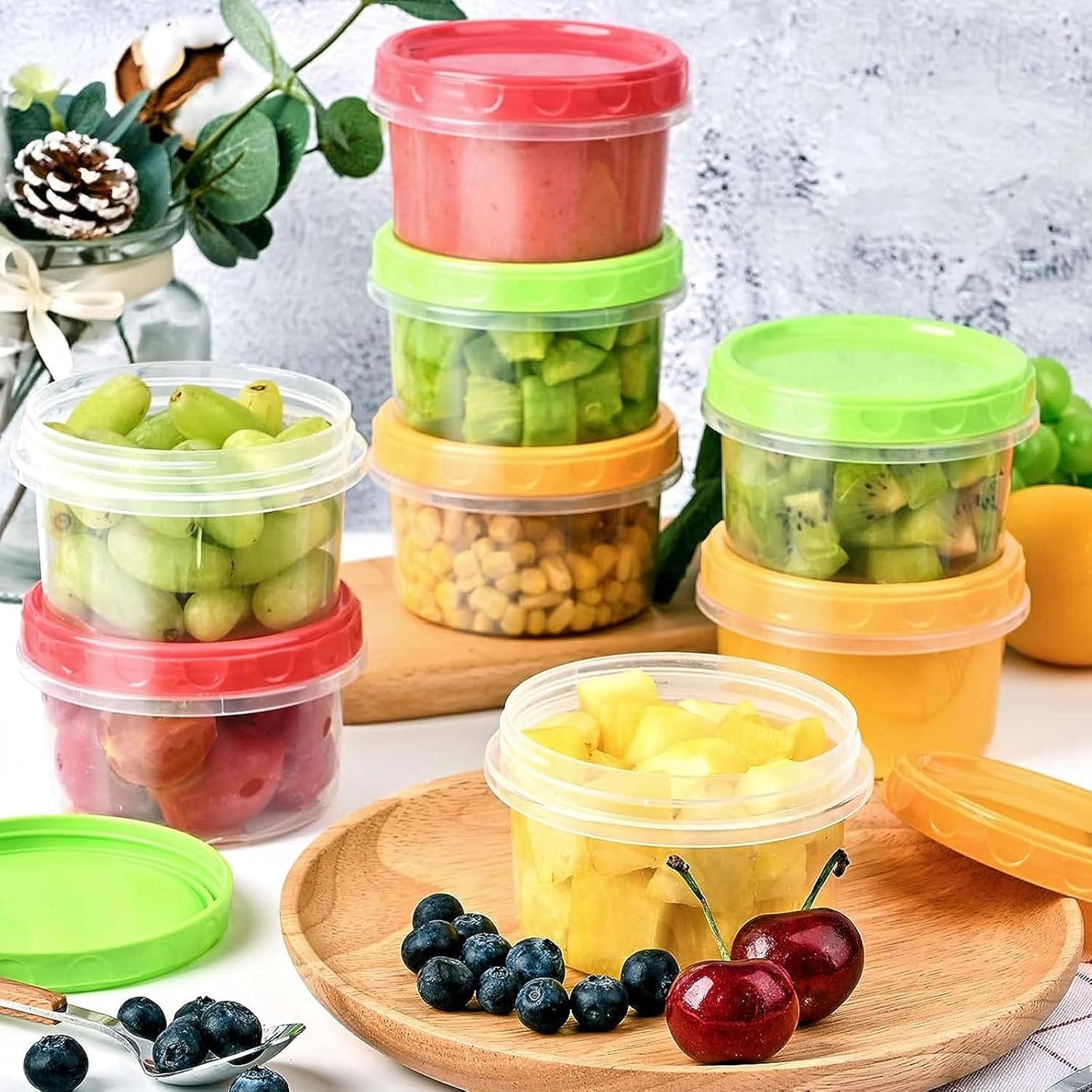 12 reusable 8-ounce plastic food containers with lids - deli containers - stackable food storage pots - dishwasher safe - microwave safe and freezer safe (red/green/yellow) - Image 6