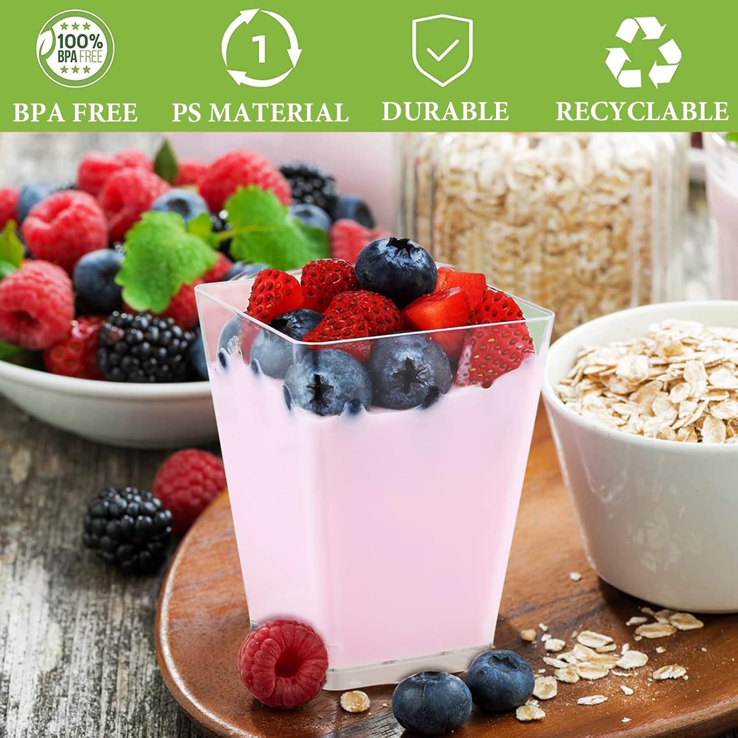 Mini dessert cups (with spoon) 50 pieces reusable- transparent- square plastic dessert cups- cheesecake pots- multifunctional dessert bowls for mousse pudding- dessert party supplies - Image 3