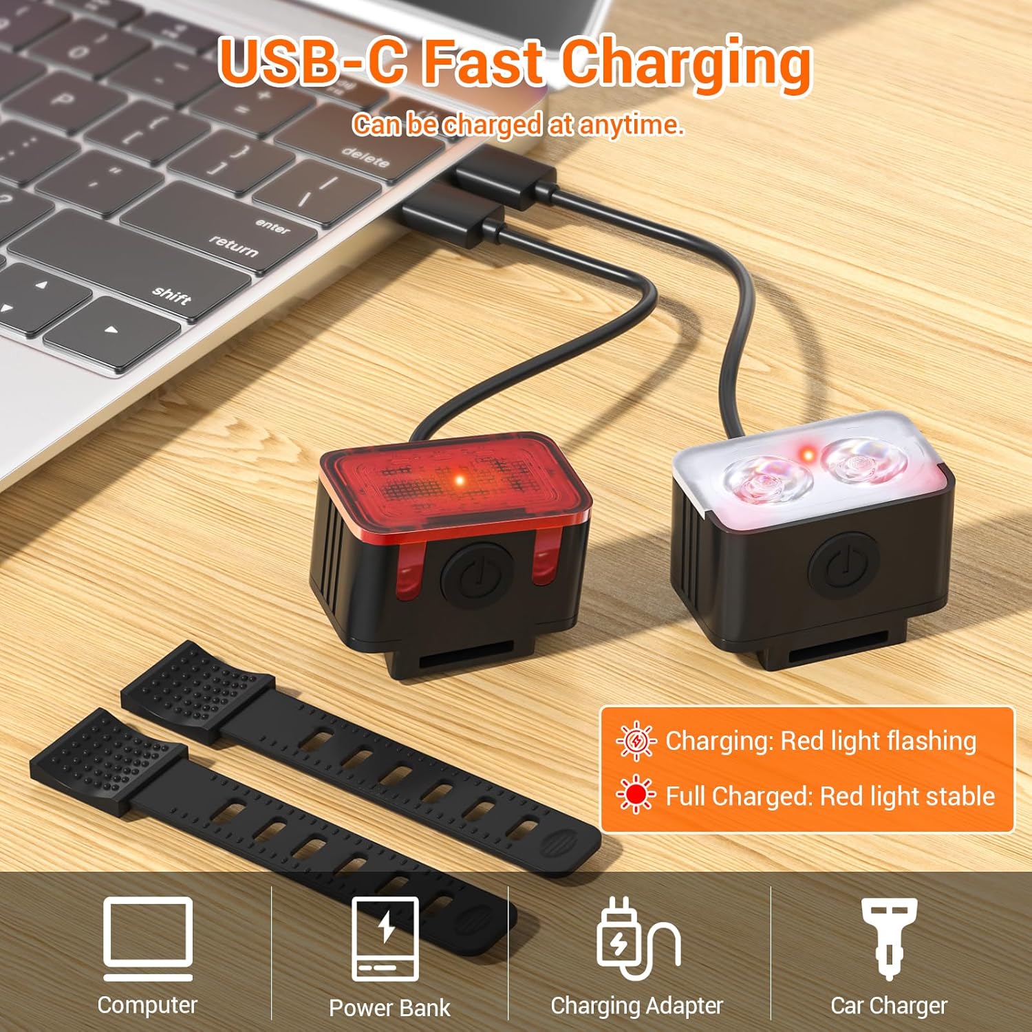Bike light - IPX6 waterproof - Front and rear light - Rechargeable - Type-C charging port - 5+6 modes - Front and rear light combination - 300 lumens - Super bright - Night riding - Suitable for kids and adults - 106 g - Image 3