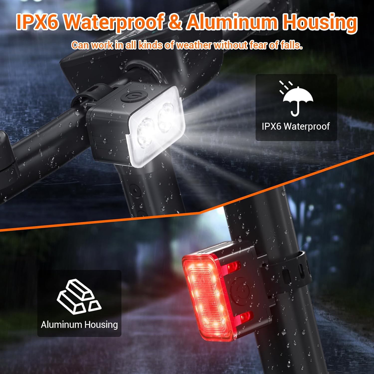 Bike light - IPX6 waterproof - Front and rear light - Rechargeable - Type-C charging port - 5+6 modes - Front and rear light combination - 300 lumens - Super bright - Night riding - Suitable for kids and adults - 106 g - Image 4