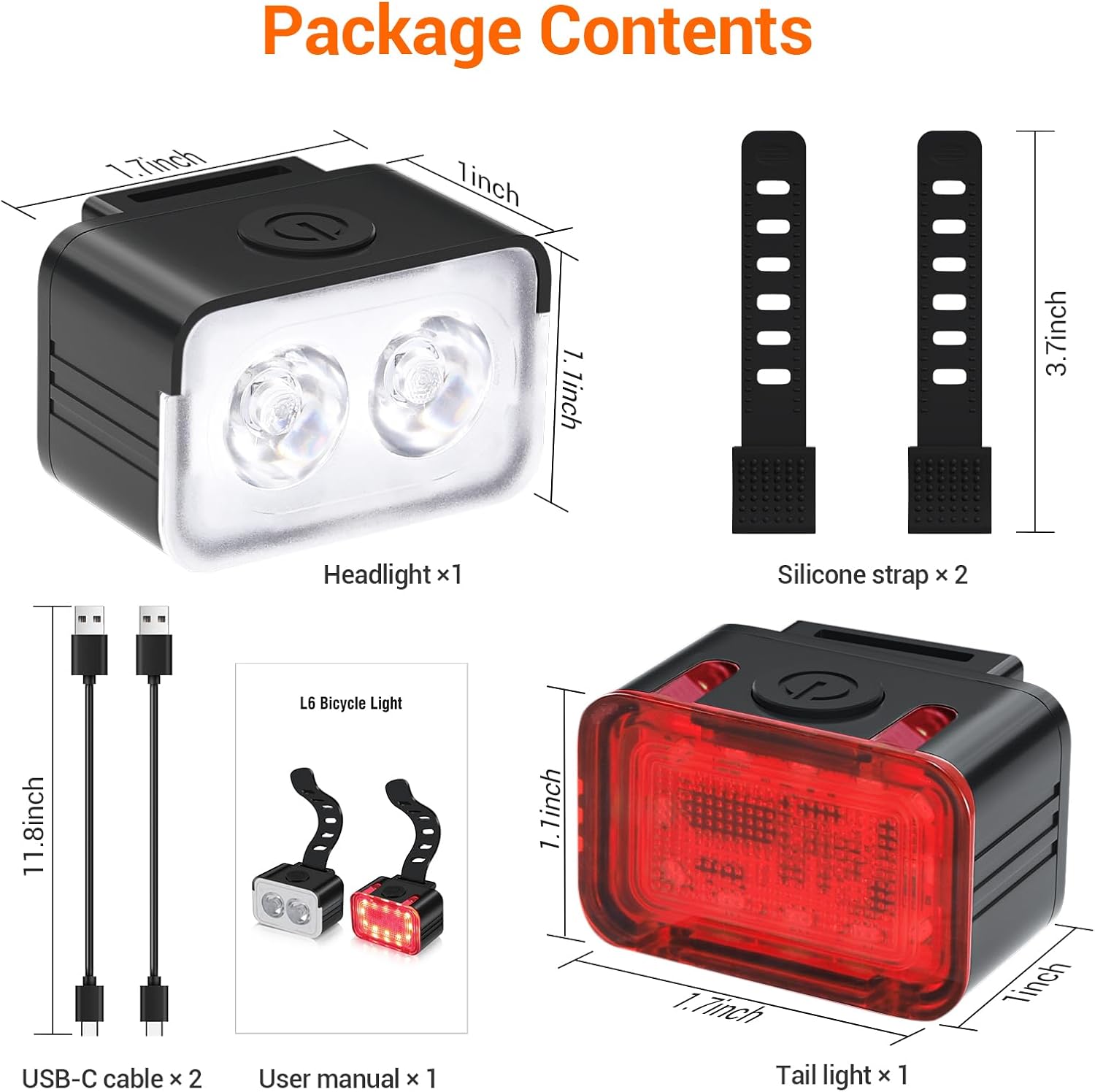 Bike light - IPX6 waterproof - Front and rear light - Rechargeable - Type-C charging port - 5+6 modes - Front and rear light combination - 300 lumens - Super bright - Night riding - Suitable for kids and adults - 106 g - Image 5