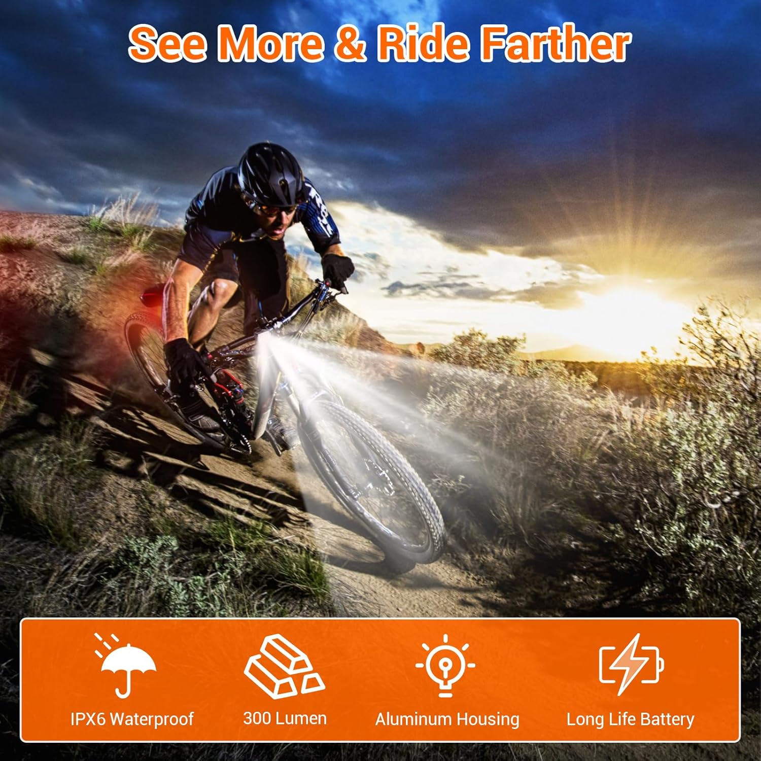 Bike light - IPX6 waterproof - Front and rear light - Rechargeable - Type-C charging port - 5+6 modes - Front and rear light combination - 300 lumens - Super bright - Night riding - Suitable for kids and adults - 106 g - Image 8