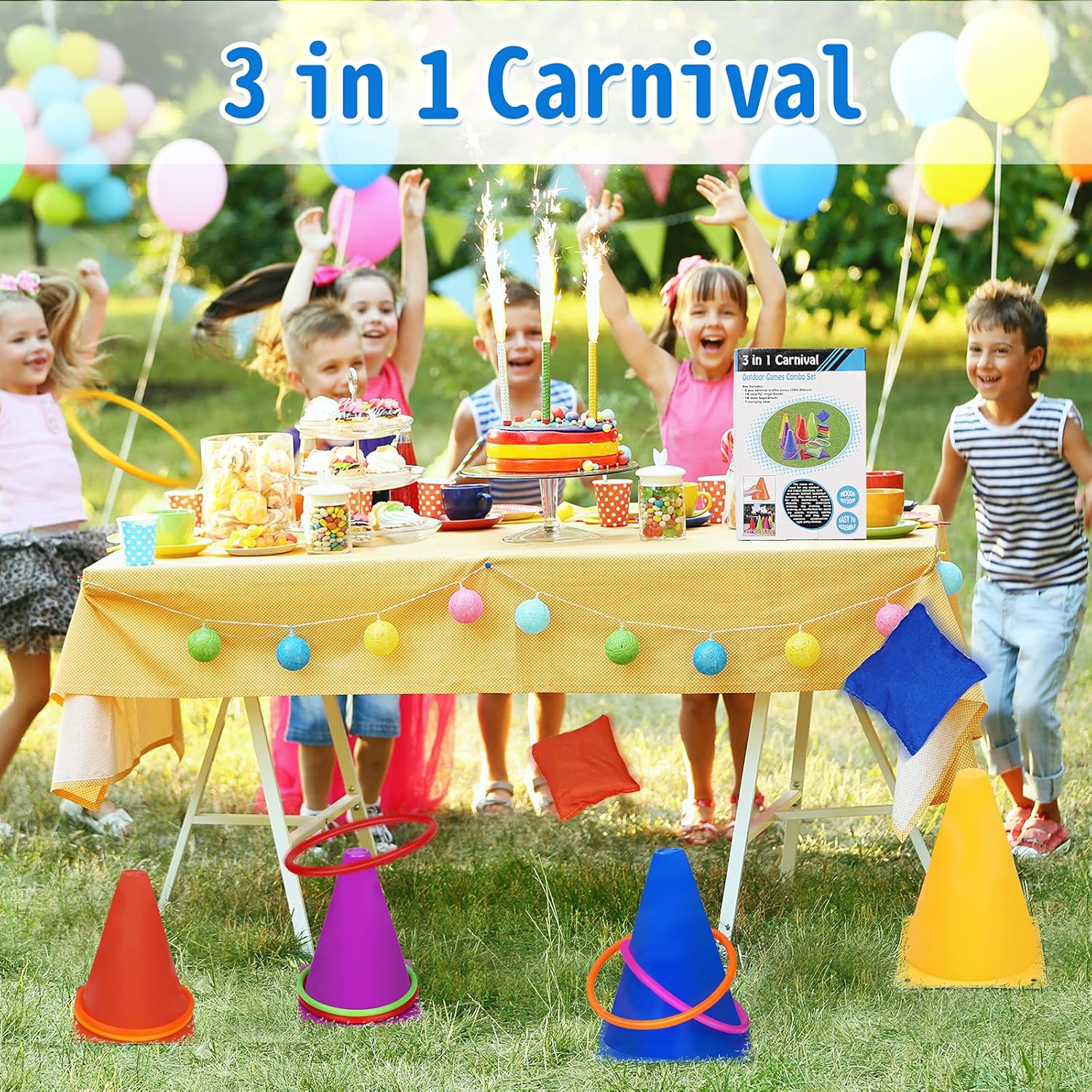 Spelset - 3-in-1 plastic kegel ring toss game - sandbag for kids - garden playset - indoor and outdoor playset for children (26 pieces) - Image 2