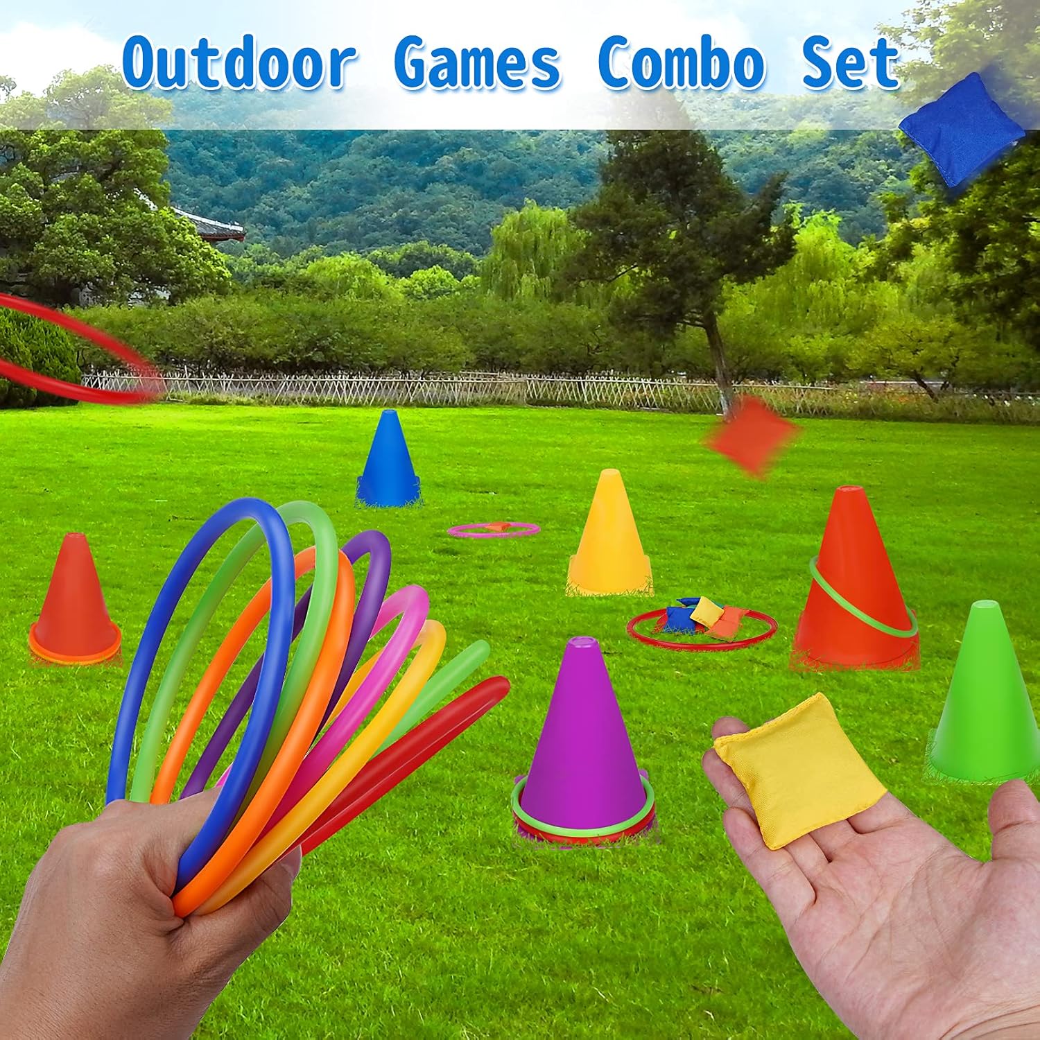 Spelset - 3-in-1 plastic kegel ring toss game - sandbag for kids - garden playset - indoor and outdoor playset for children (26 pieces) - Image 6