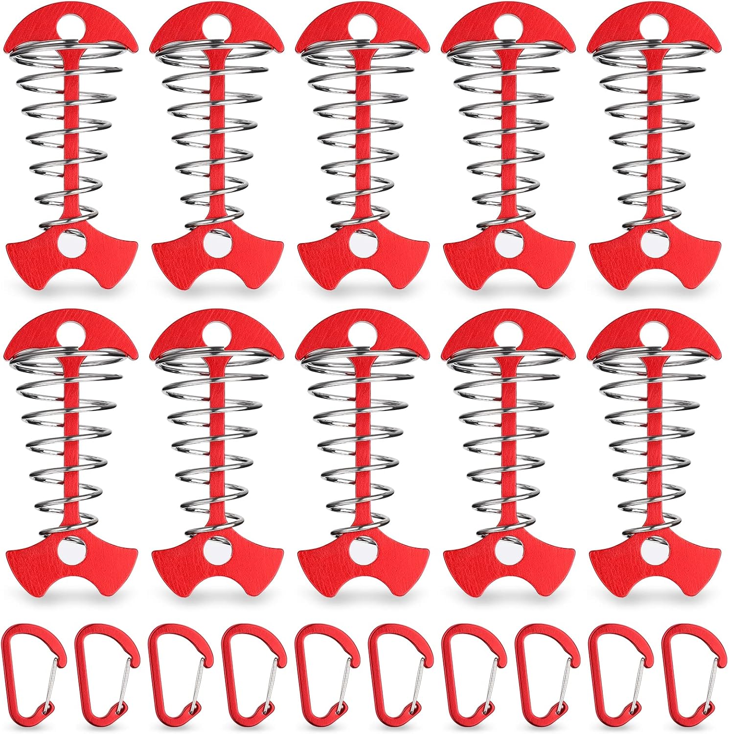 Carabiner Hook - Red - 10-pack - Ceiling Anchor with Carabiner Hook - Aluminium - Anchor - Spring Pin - Camping - Outdoor - Fishbone - Tent Anchor - Tent Rope - Spanner - Fishing Line - Adjuster - Pin - Image 1