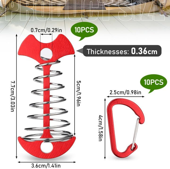 Carabiner Hook - Red - 10-pack - Ceiling Anchor with Carabiner Hook - Aluminium - Anchor - Spring Pin - Camping - Outdoor - Fishbone - Tent Anchor - Tent Rope - Spanner - Fishing Line - Adjuster - Pin - Image 2