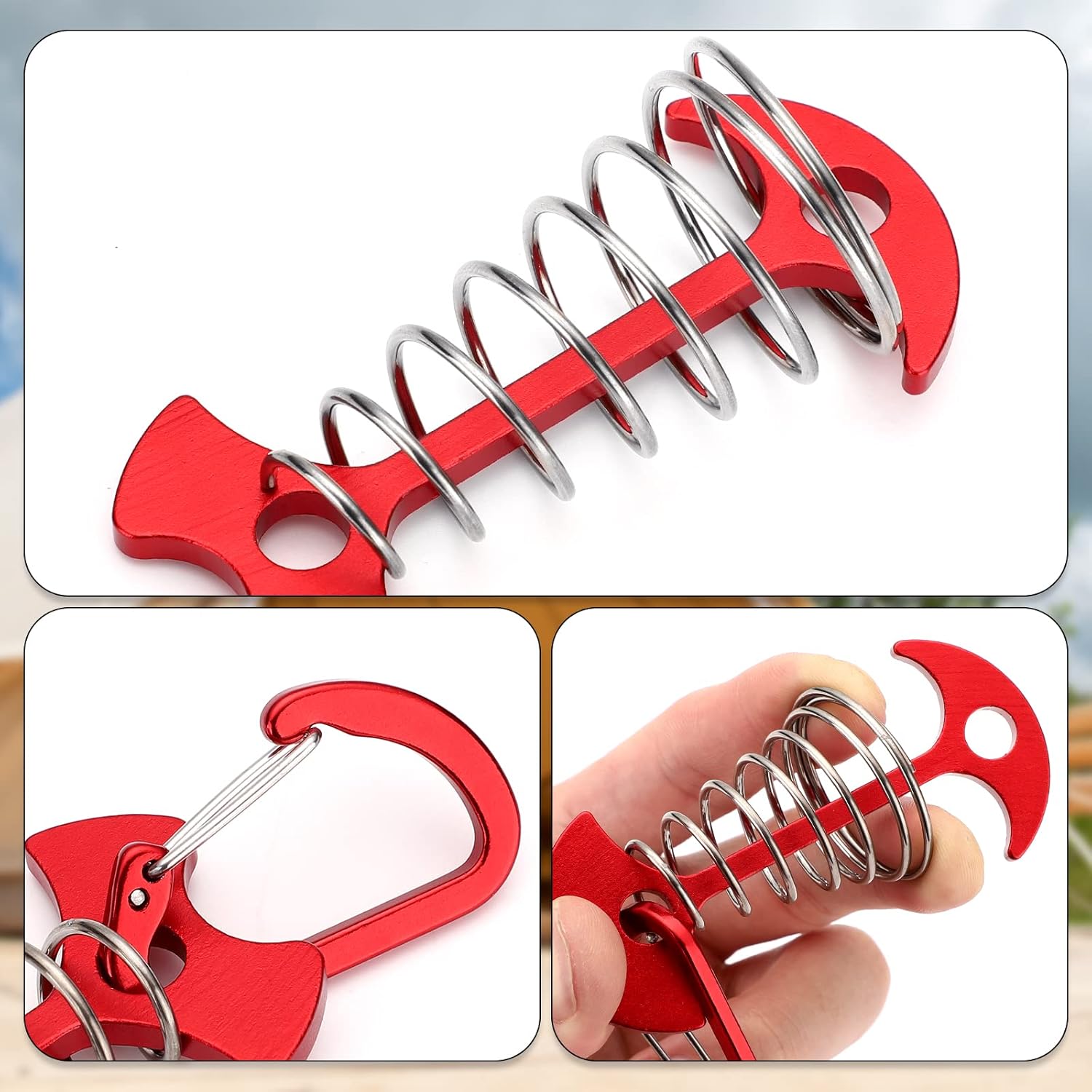 Carabiner Hook - Red - 10-pack - Ceiling Anchor with Carabiner Hook - Aluminium - Anchor - Spring Pin - Camping - Outdoor - Fishbone - Tent Anchor - Tent Rope - Spanner - Fishing Line - Adjuster - Pin - Image 4