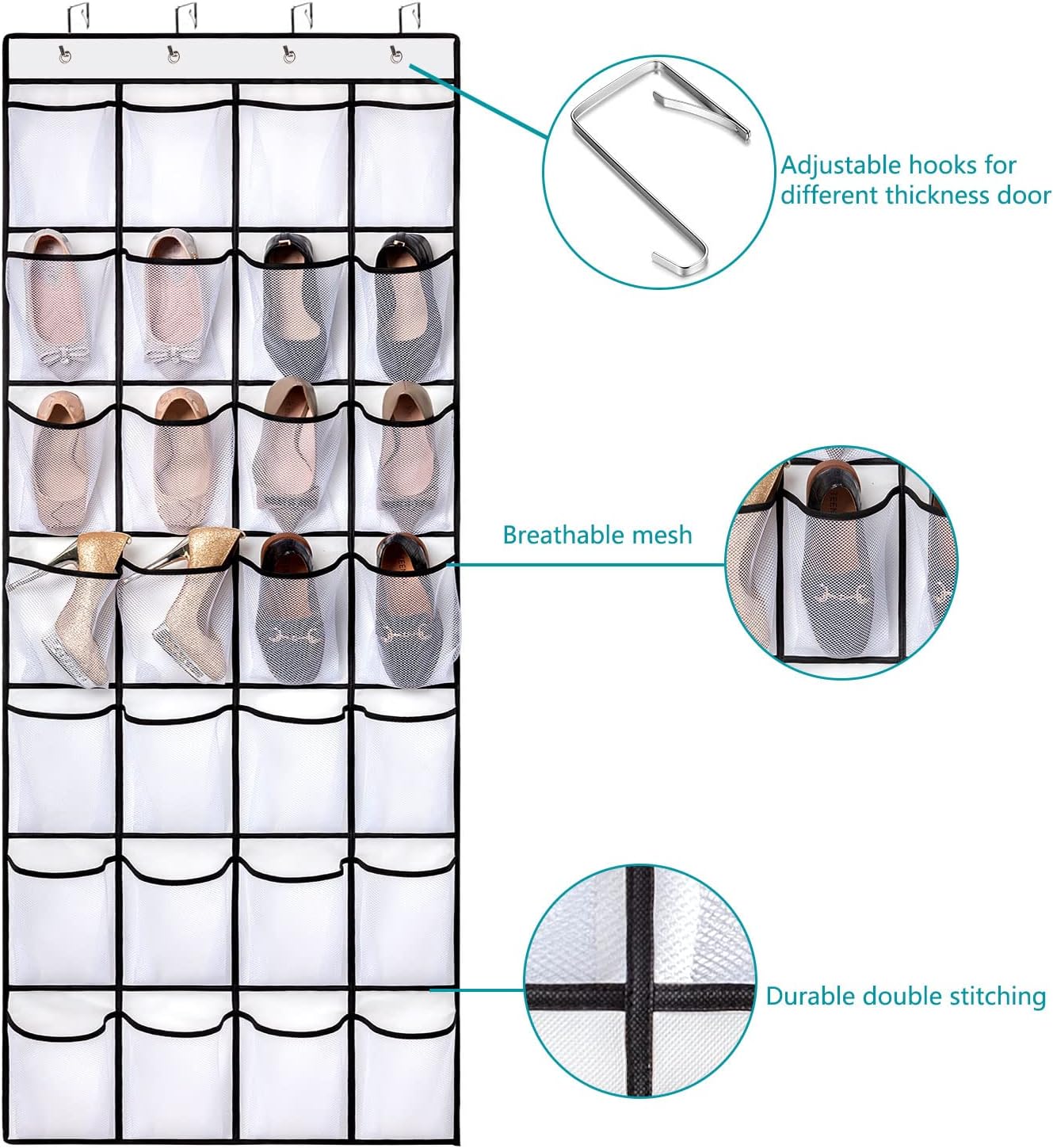 Hanging shoe bag organizer - 28-compartment shoe rack behind the door - transparent shoe rack - hanging shoe rack behind the door - large capacity shoe rack - with hooks - Image 3