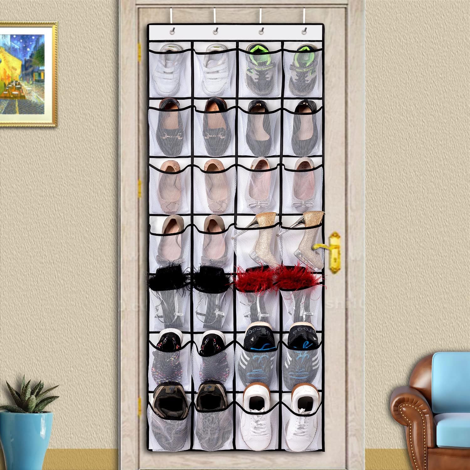 Hanging shoe bag organizer - 28-compartment shoe rack behind the door - transparent shoe rack - hanging shoe rack behind the door - large capacity shoe rack - with hooks - Image 6
