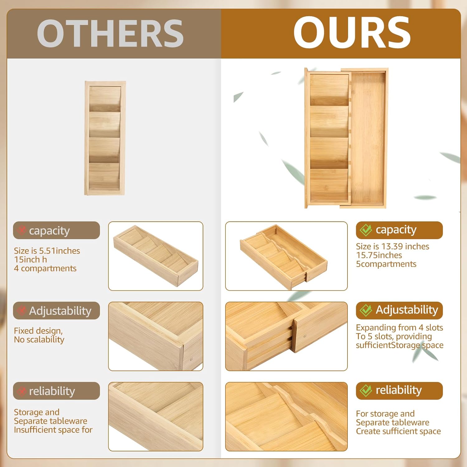 Kitchen drawer organizer - cutlery organizer - expandable bamboo storage box - cutlery rack - telescopic cutlery organizer - Image 2