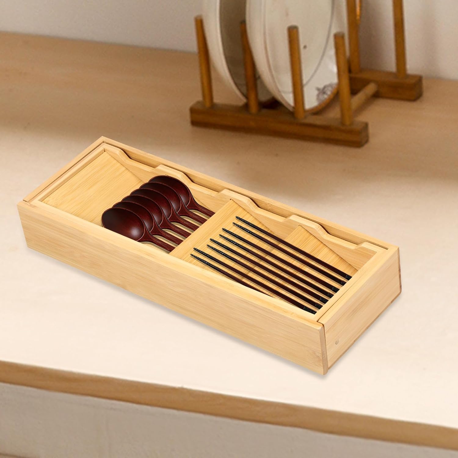 Kitchen drawer organizer - cutlery organizer - expandable bamboo storage box - cutlery rack - telescopic cutlery organizer - Image 4