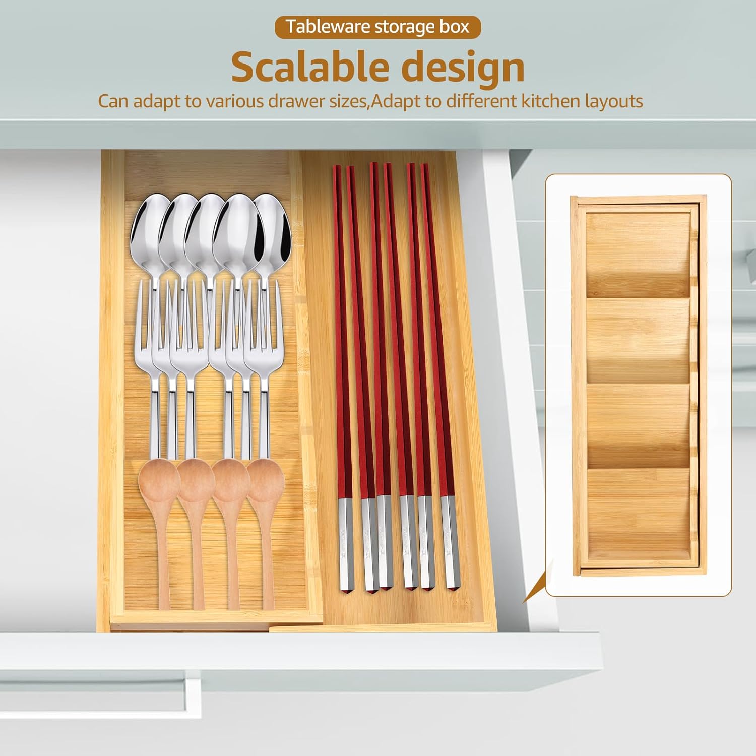 Kitchen drawer organizer - cutlery organizer - expandable bamboo storage box - cutlery rack - telescopic cutlery organizer - Image 8