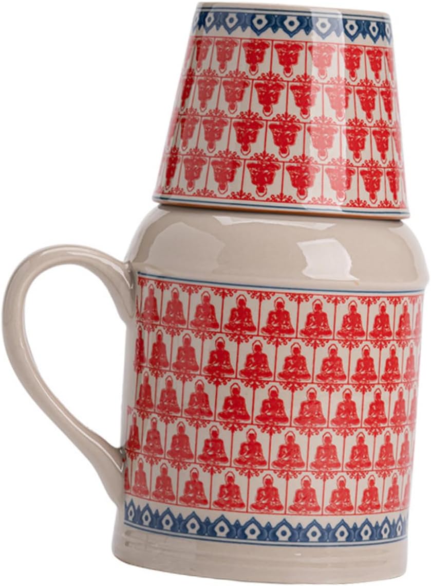 Ceramic teapot set with teacups - white body with red patterns and blue rim - cork stoppers - traditional style - 460 ml - Image 1