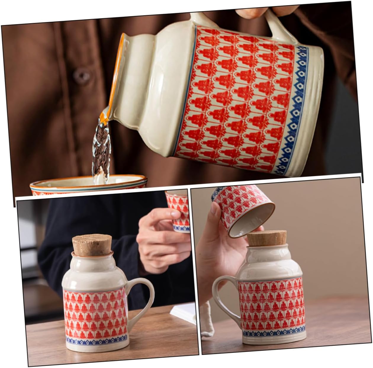 Ceramic teapot set with teacups - white body with red patterns and blue rim - cork stoppers - traditional style - 460 ml - Image 3