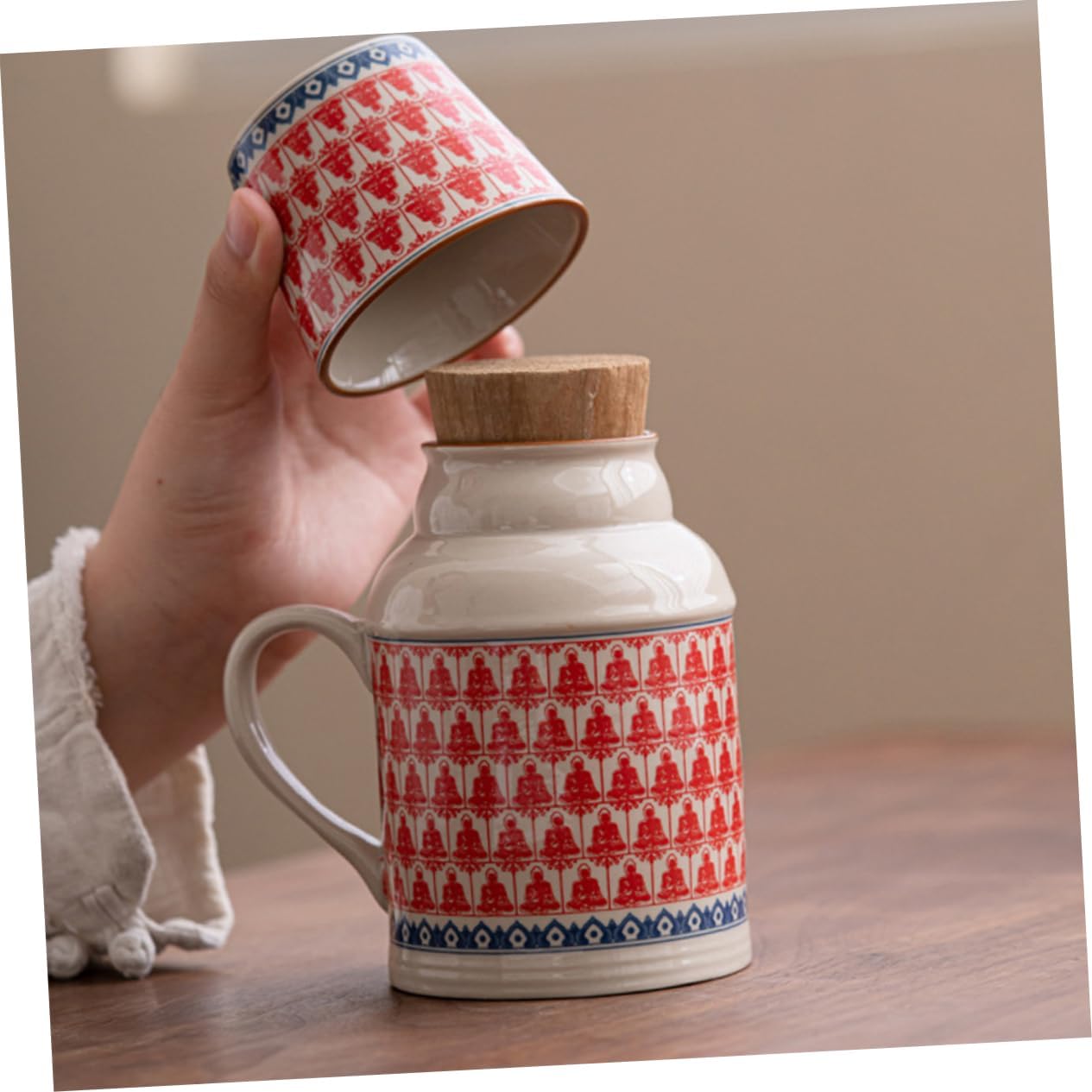 Ceramic teapot set with teacups - white body with red patterns and blue rim - cork stoppers - traditional style - 460 ml - Image 5