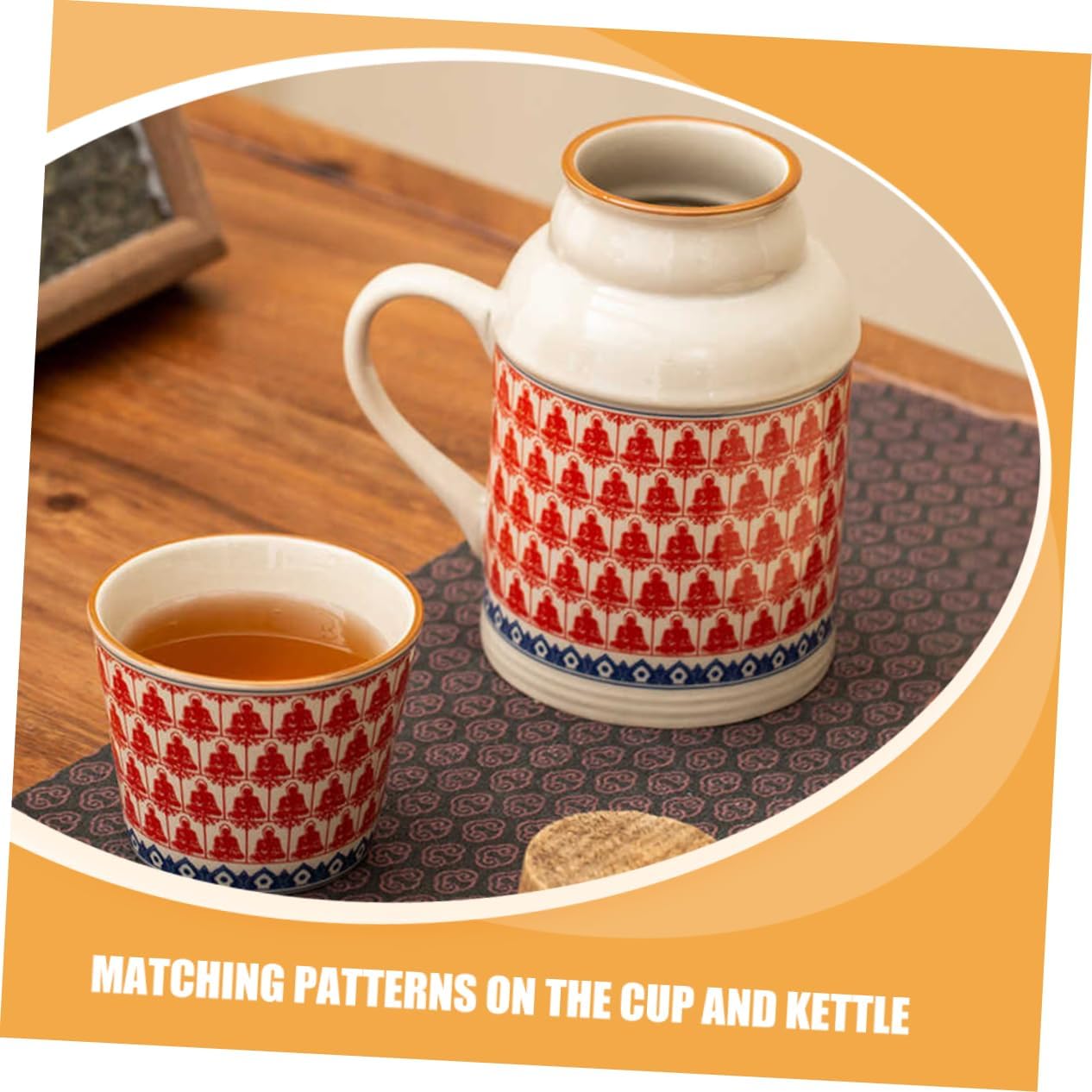 Ceramic teapot set with teacups - white body with red patterns and blue rim - cork stoppers - traditional style - 460 ml - Image 7