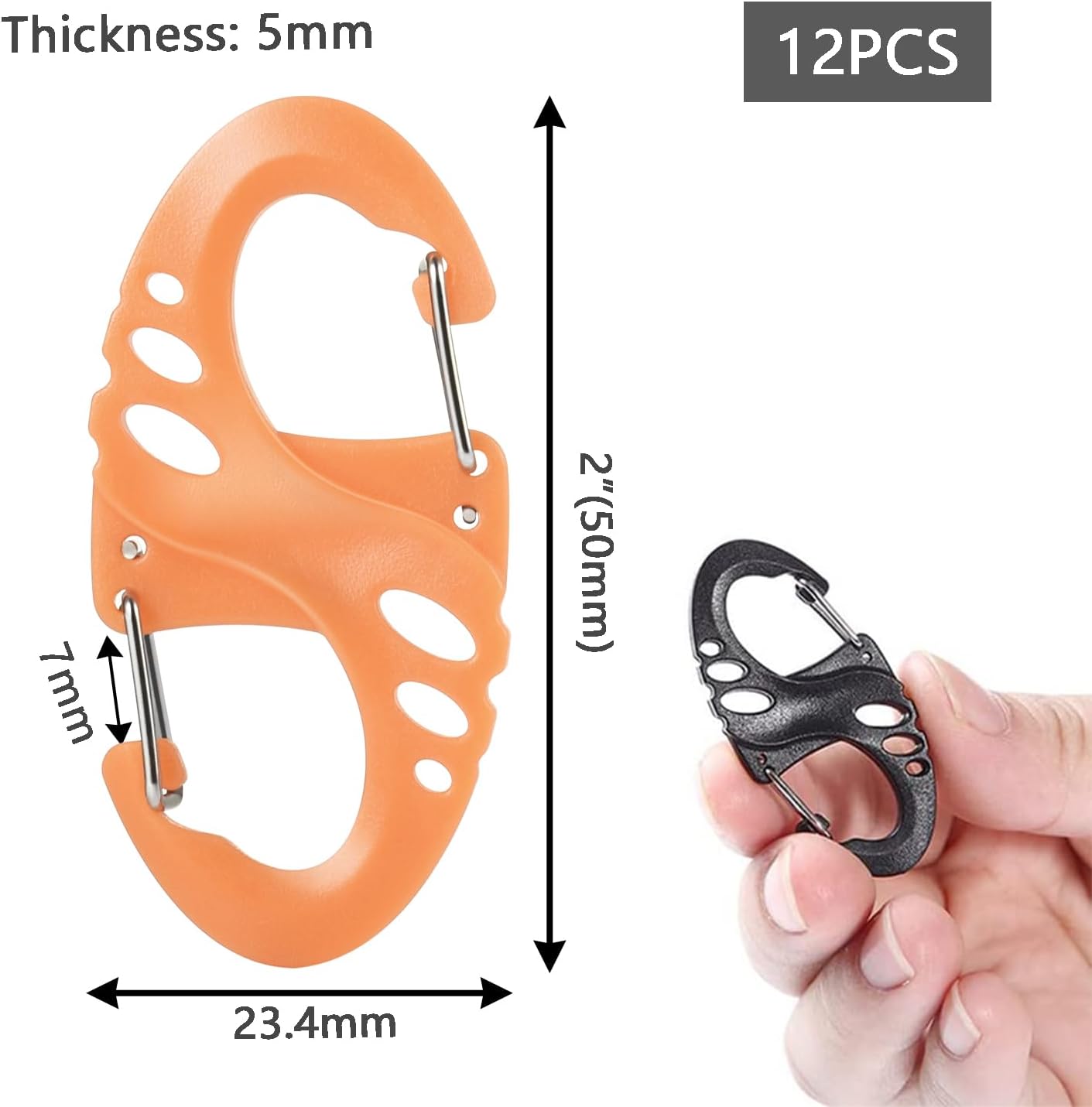 Carabiner Hooks - 12 pieces - 2 inch - plastic - S-shaped carabiner hook - paracord - keychain - hook - suitable for keychains, backpacks and zip clip accessories - Image 3