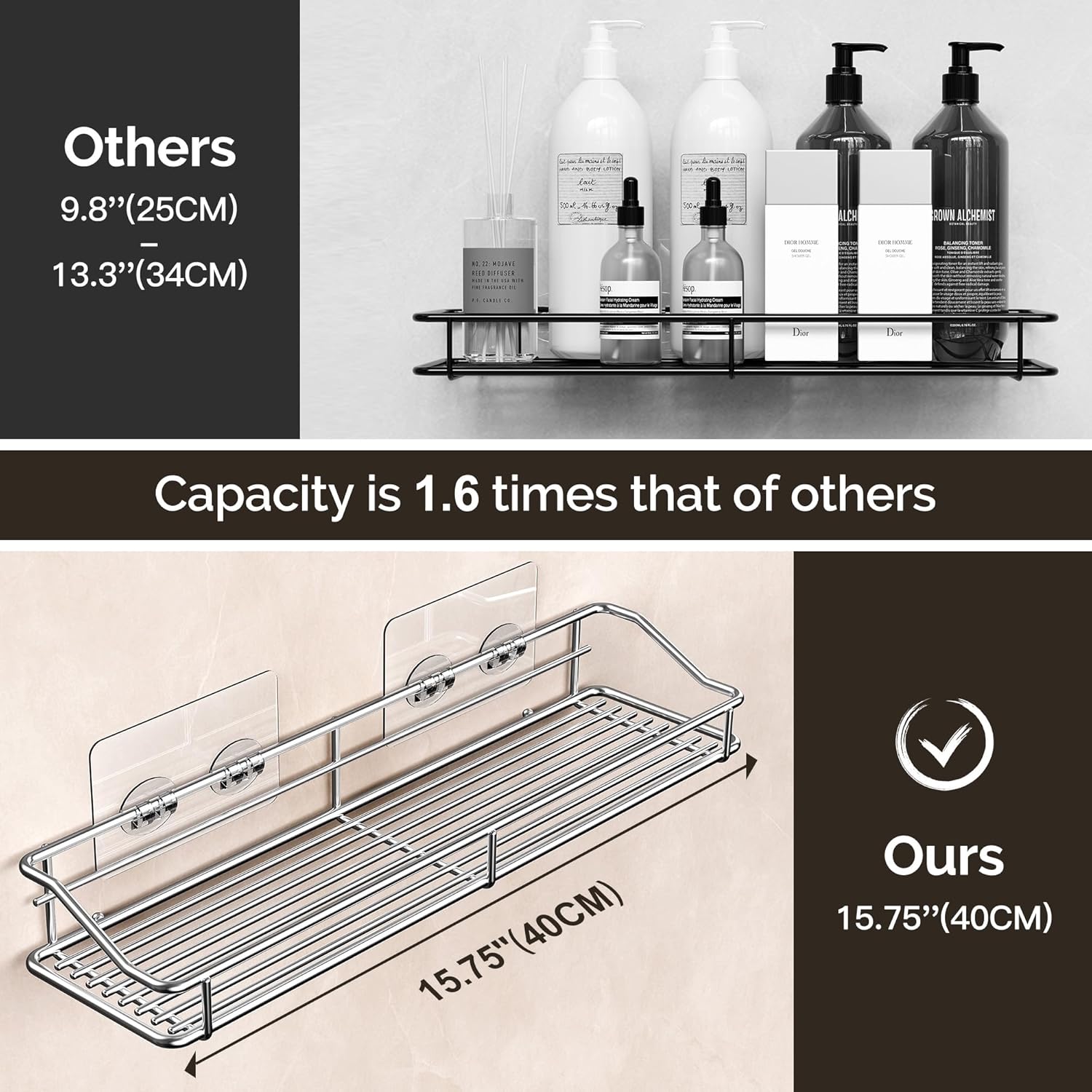 Storage rack for the bathroom, shower and kitchen - uses traceable transparent glue - no drilling required - stainless steel SUS304 - 15.75 inches - silver - Image 2