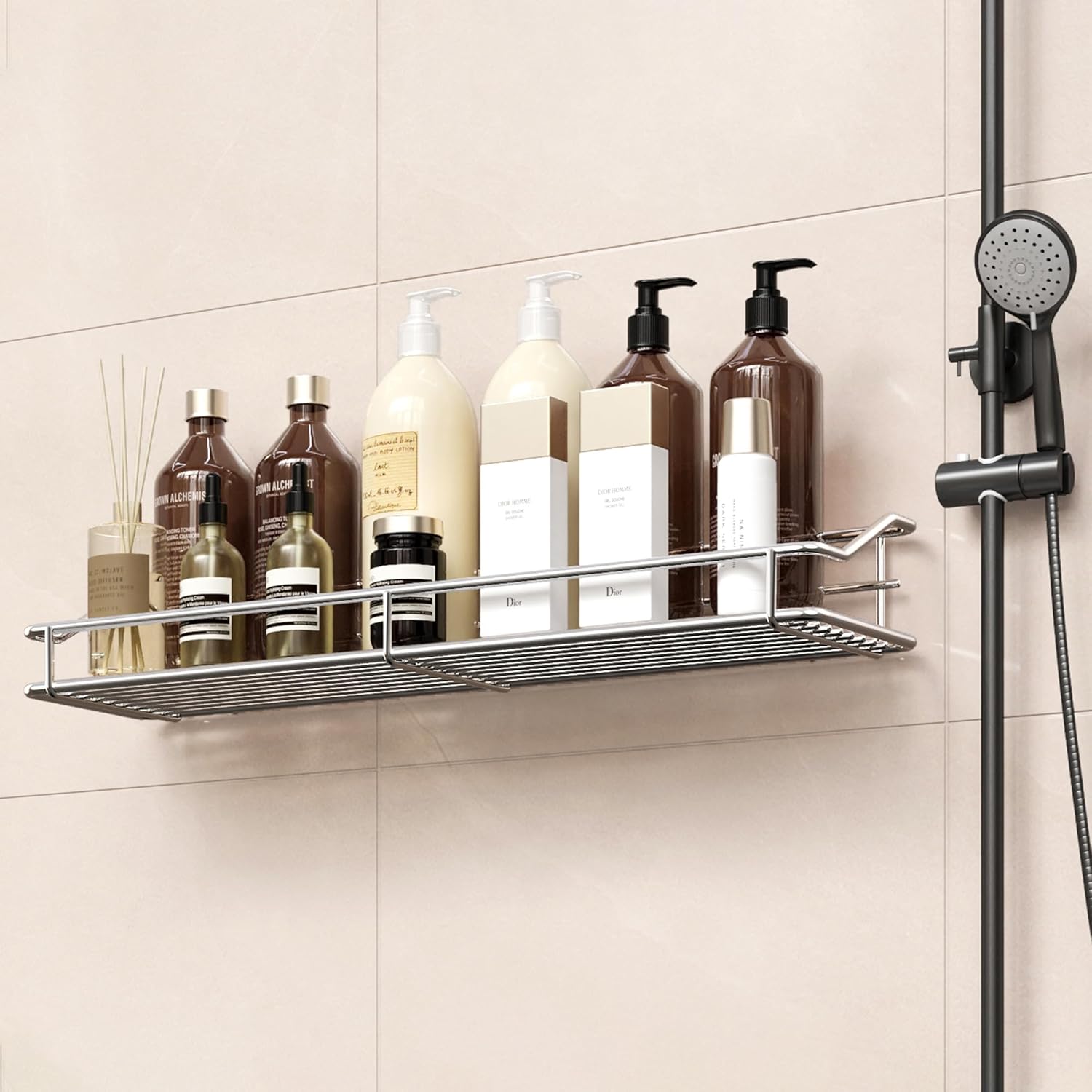 Storage rack for the bathroom, shower and kitchen - uses traceable transparent glue - no drilling required - stainless steel SUS304 - 15.75 inches - silver - Image 6