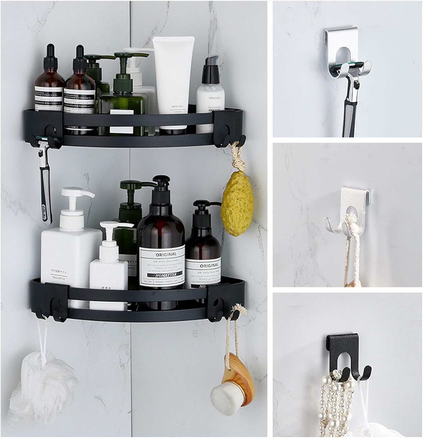 Suction hooks without drilling for hanging bath sponges, towels and razor holders for the bathroom, office, kitchen utensil holder, bathroom, kitchen knives - 4-pack - black. - Image 2