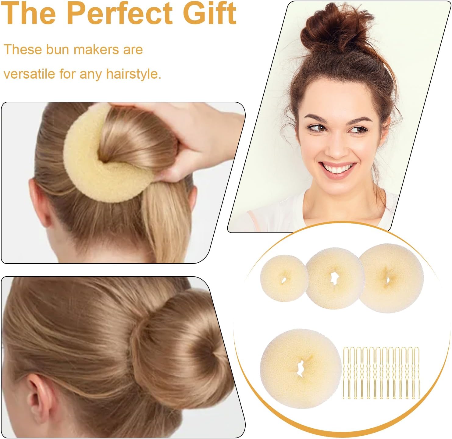 4-piece ring donut bun styler set with 20 gold hair clips, beige donut bun maker, hair rings, styling kit for dancers, ballerinas, girls, etc. and daily hair styling DIY (beige) - Image 7
