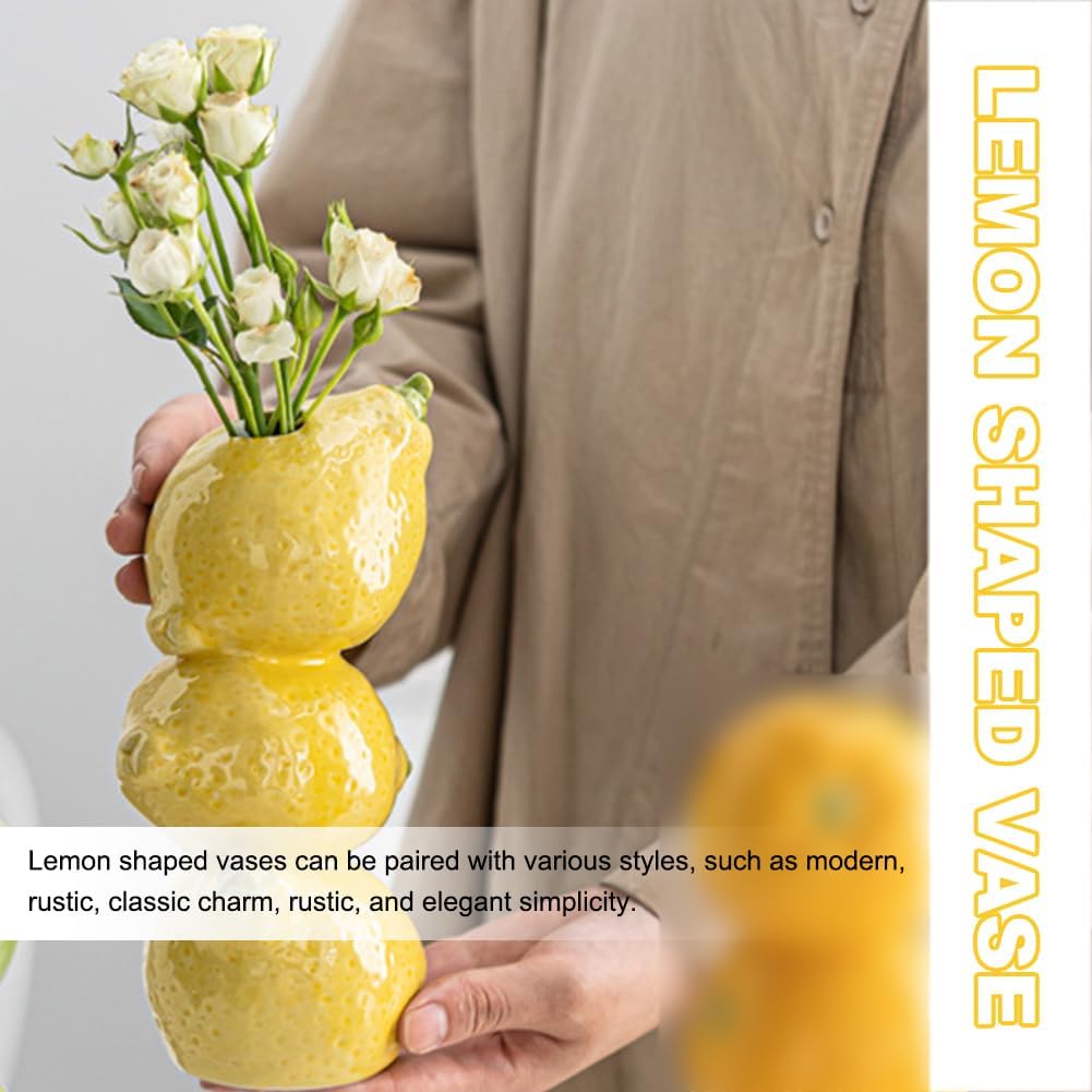 Citroenkeramiek vase - Unique fruit-shaped vase - 3D lemon design - Creative fruit and flower arrangement - Suitable for home and kitchen decor - Yellow - Image 2