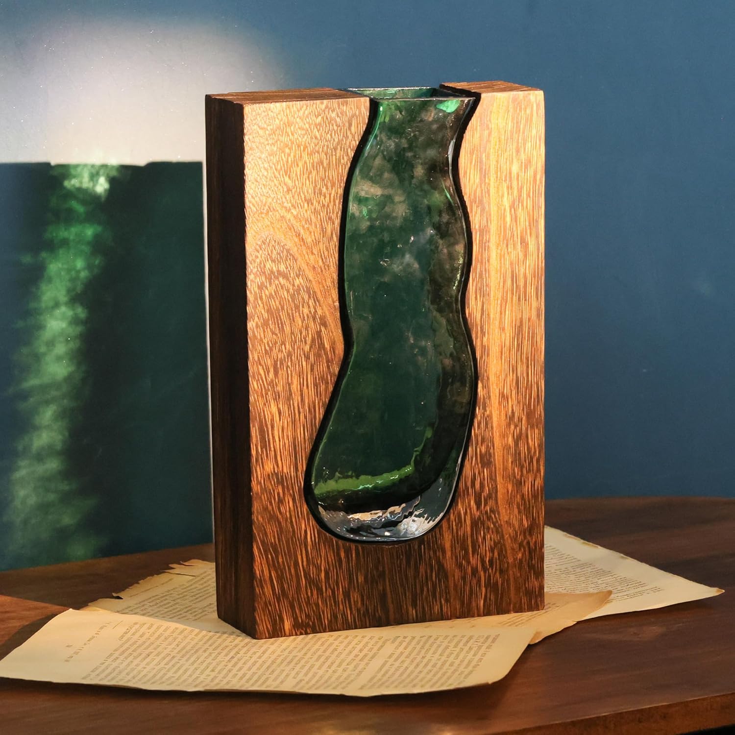 Vase with inlaid wood and glass - Rustic style wood and glass vase - Solid wood and glass vase - Vase for home decor - Table decoration (9.45 inches) - Image 1