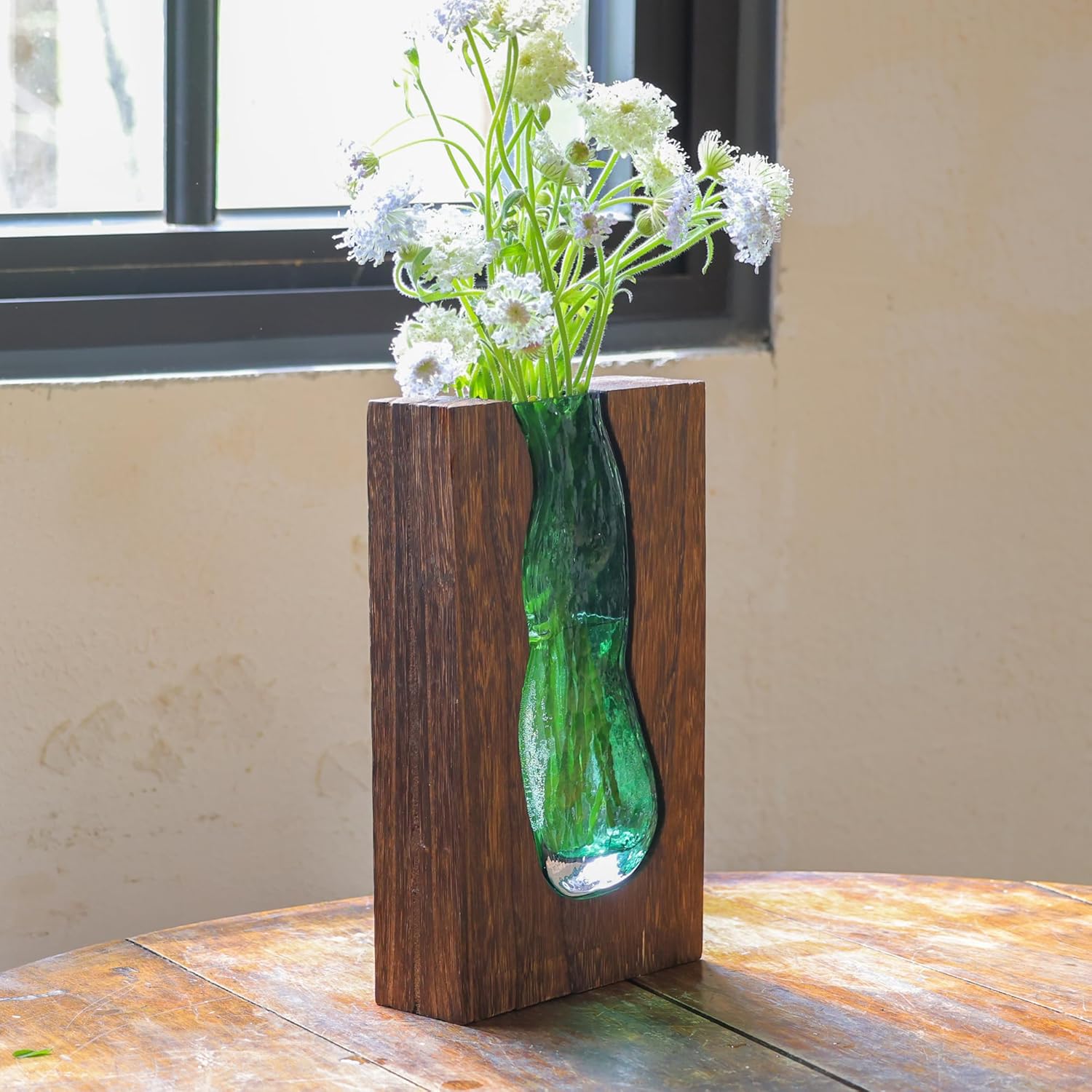 Vase with inlaid wood and glass - Rustic style wood and glass vase - Solid wood and glass vase - Vase for home decor - Table decoration (9.45 inches) - Image 4