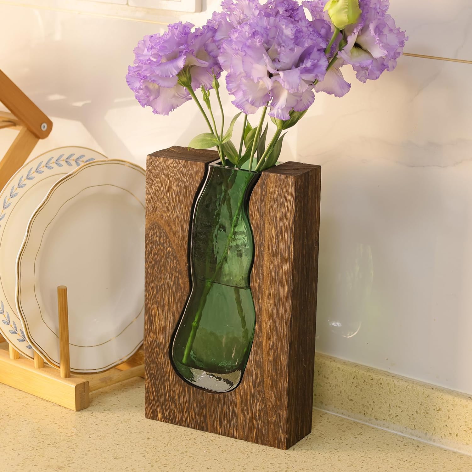 Vase with inlaid wood and glass - Rustic style wood and glass vase - Solid wood and glass vase - Vase for home decor - Table decoration (9.45 inches) - Image 8