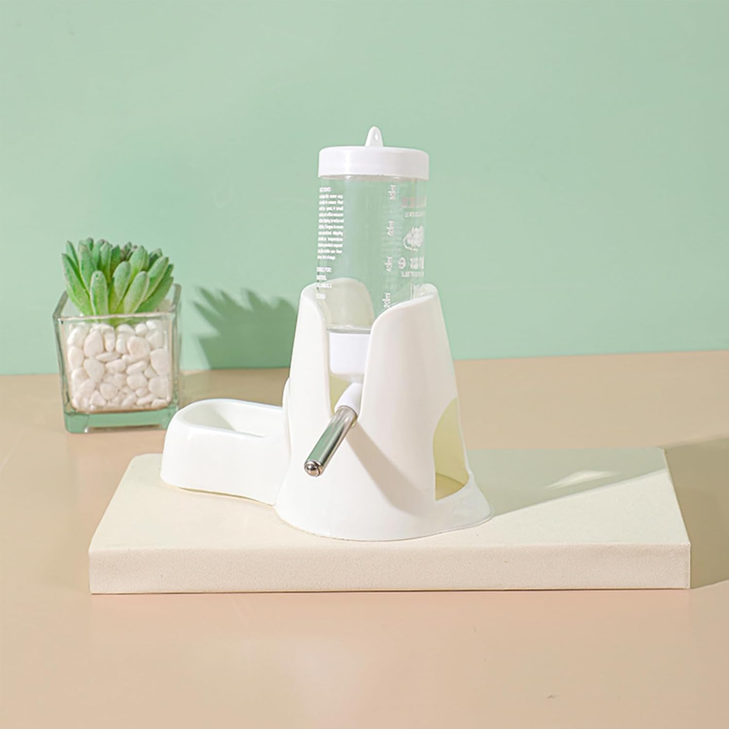White hamster water bottle with standard, food bowl base, automatic water dispenser, suitable for dwarf hamsters, gerbils and other small animals. - Image 1