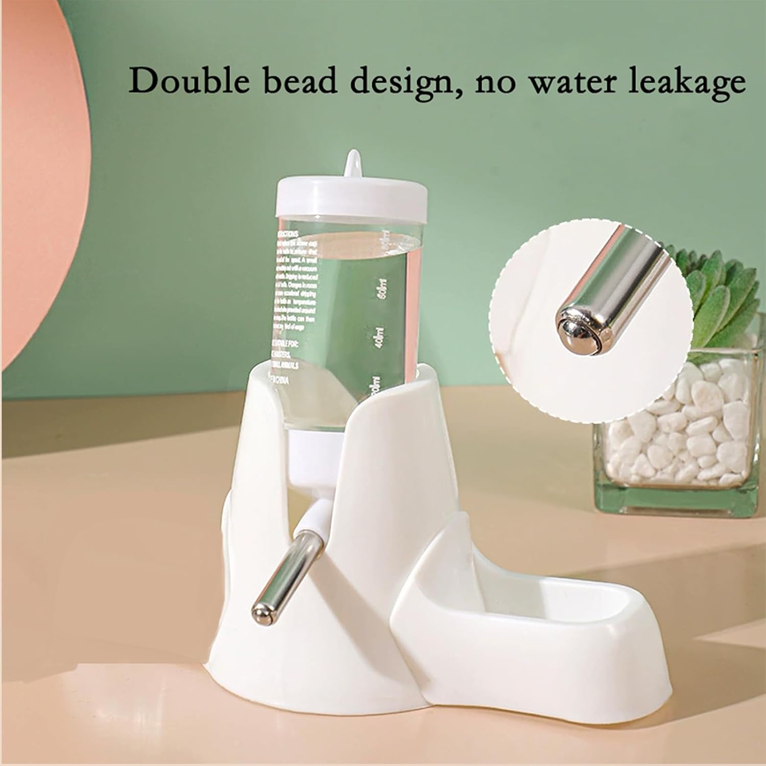 White hamster water bottle with standard, food bowl base, automatic water dispenser, suitable for dwarf hamsters, gerbils and other small animals. - Image 3
