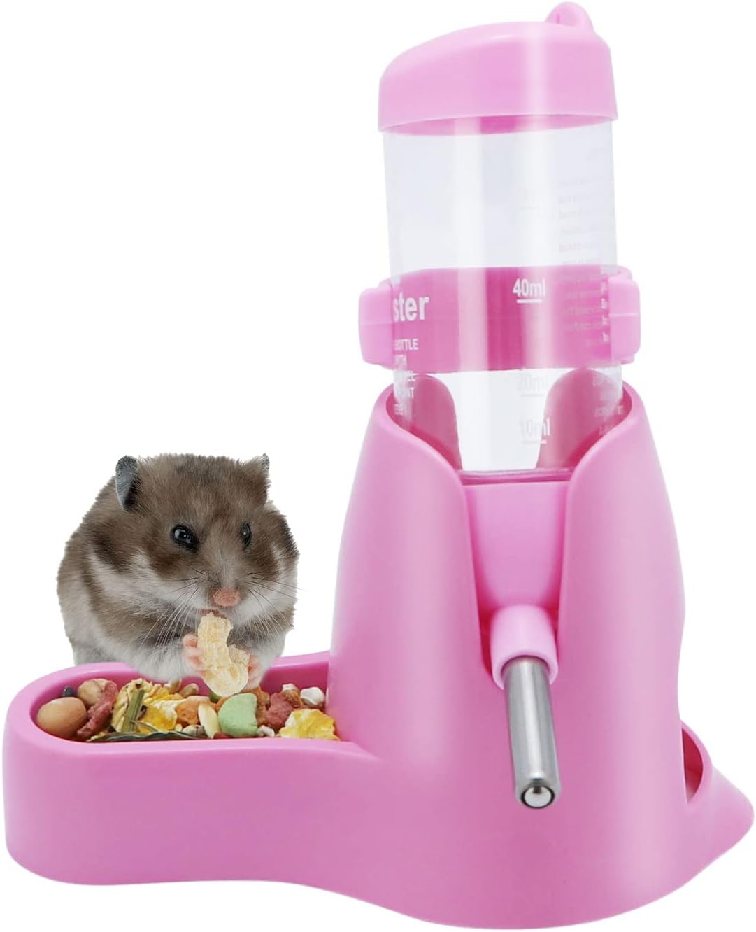 Water bowl for small animals - 3-in-1 hanging water bottle for hamsters - Automatic pet water bowl with stand - Suitable for dwarf hamsters, mice, rats and hedgehogs (80 ml - Pink) - Image 1