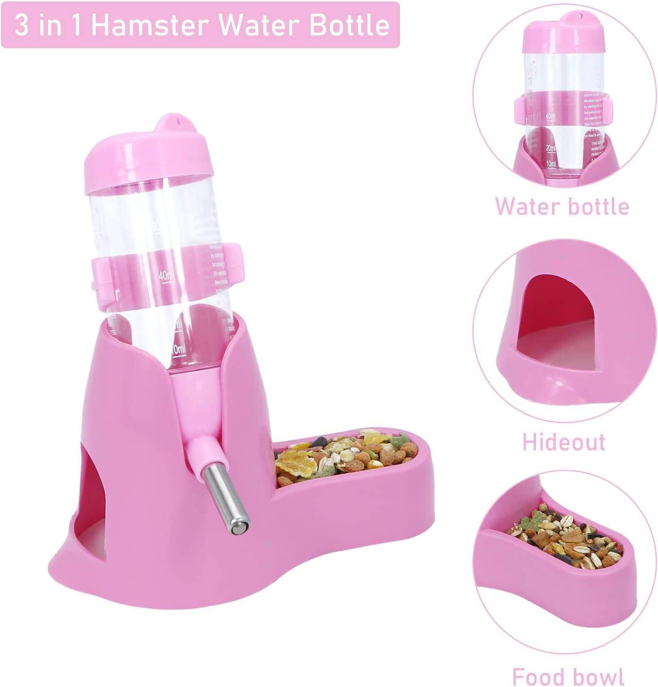 Water bowl for small animals - 3-in-1 hanging water bottle for hamsters - Automatic pet water bowl with stand - Suitable for dwarf hamsters, mice, rats and hedgehogs (80 ml - Pink) - Image 3