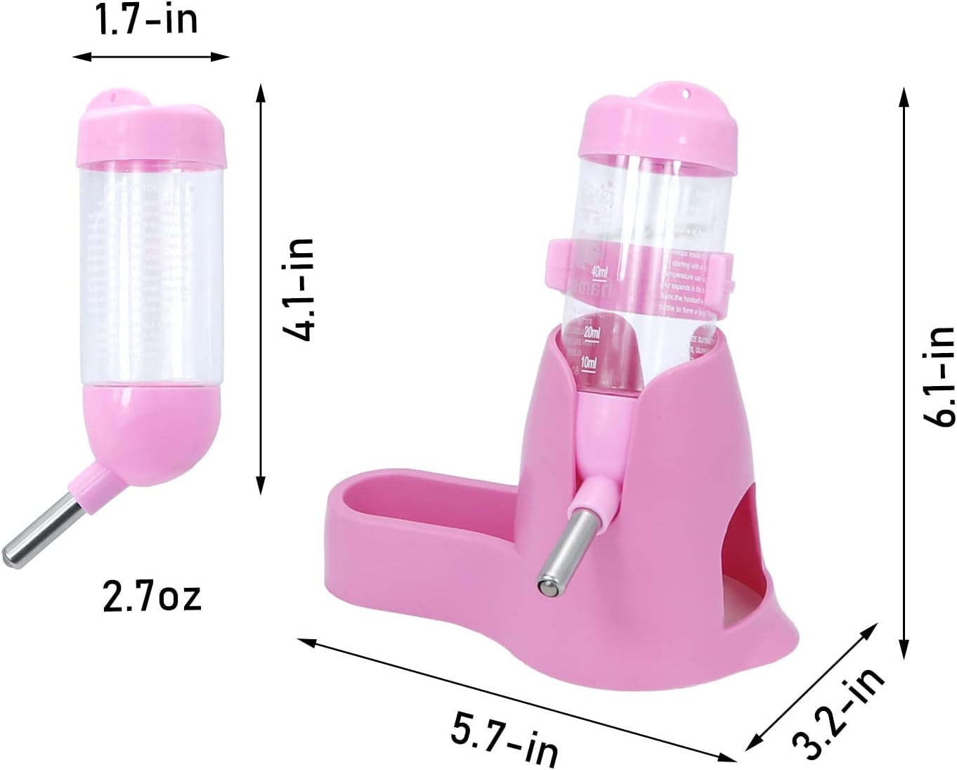 Water bowl for small animals - 3-in-1 hanging water bottle for hamsters - Automatic pet water bowl with stand - Suitable for dwarf hamsters, mice, rats and hedgehogs (80 ml - Pink) - Image 4