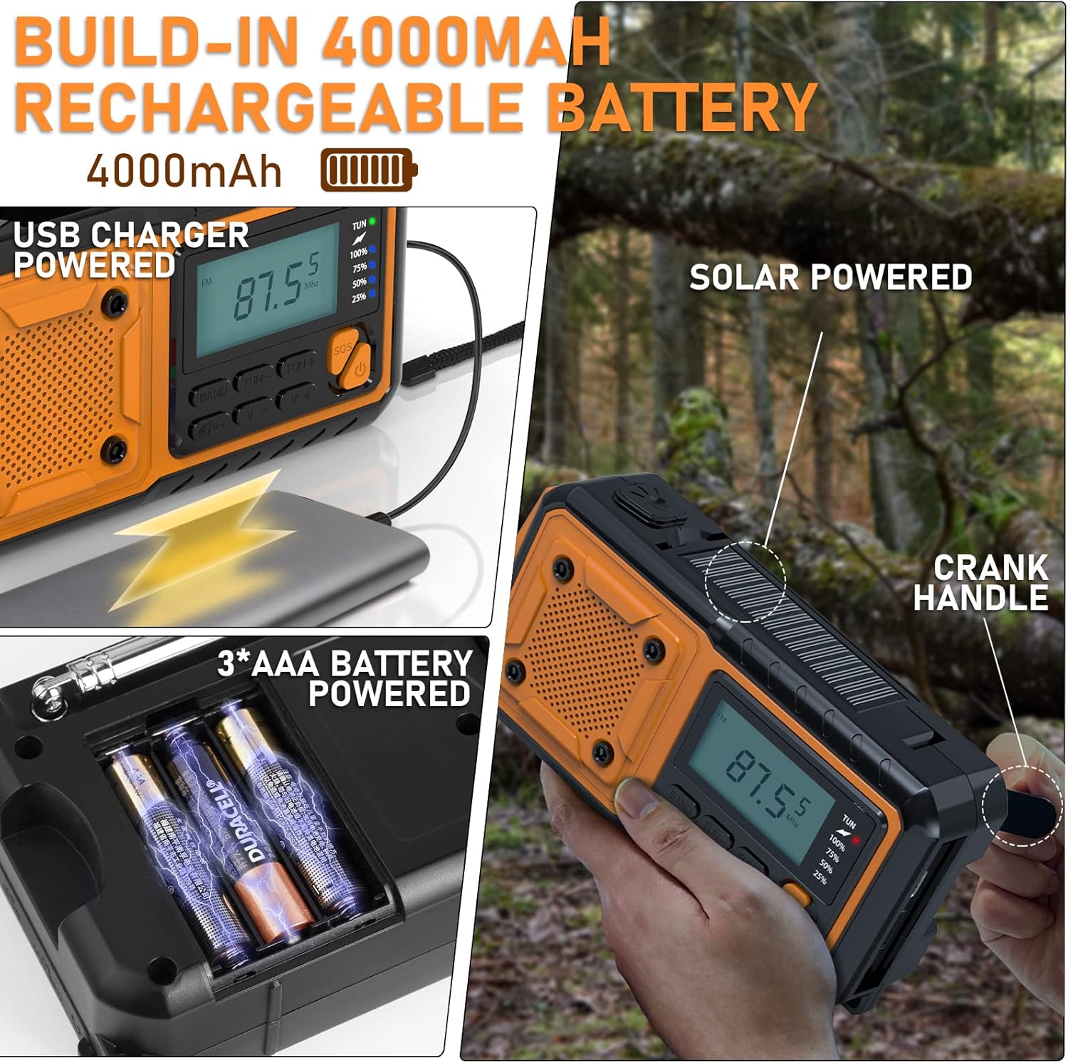 Hand-crank emergency radio - Portable AM/FM and shortwave radio - Supports charging via solar power/USB/hand crank - Equipped with a 4000 mAh rechargeable battery - Flashlight - Reading light and SOS emergency signal - Suitable for survival - Hiking and s - Image 3