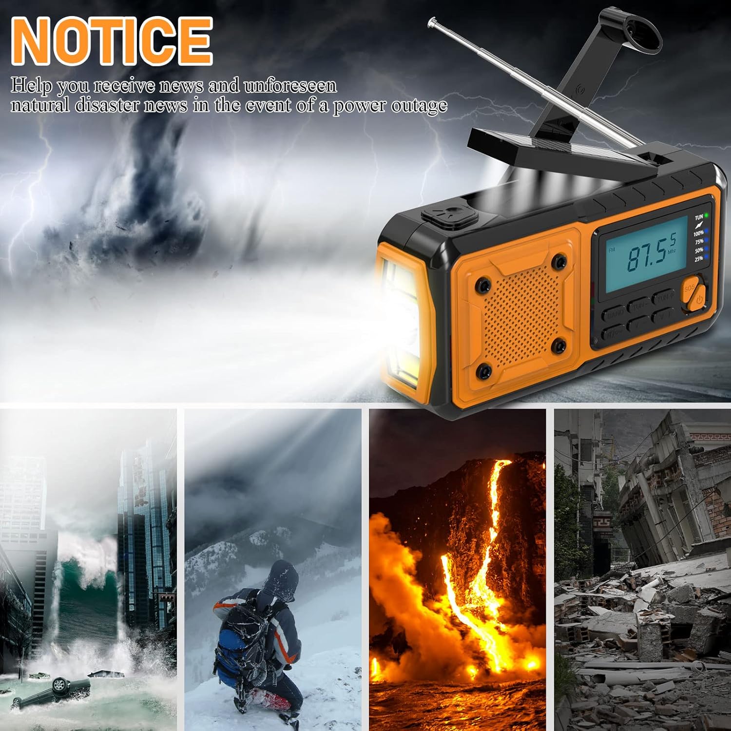 Hand-crank emergency radio - Portable AM/FM and shortwave radio - Supports charging via solar power/USB/hand crank - Equipped with a 4000 mAh rechargeable battery - Flashlight - Reading light and SOS emergency signal - Suitable for survival - Hiking and s - Image 6