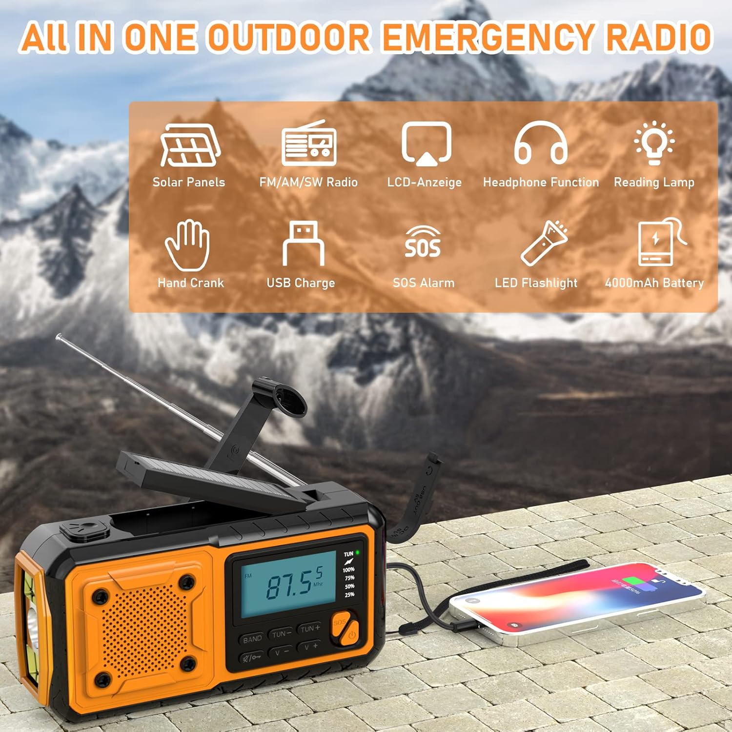 Hand-crank emergency radio - Portable AM/FM and shortwave radio - Supports charging via solar power/USB/hand crank - Equipped with a 4000 mAh rechargeable battery - Flashlight - Reading light and SOS emergency signal - Suitable for survival - Hiking and s - Image 7