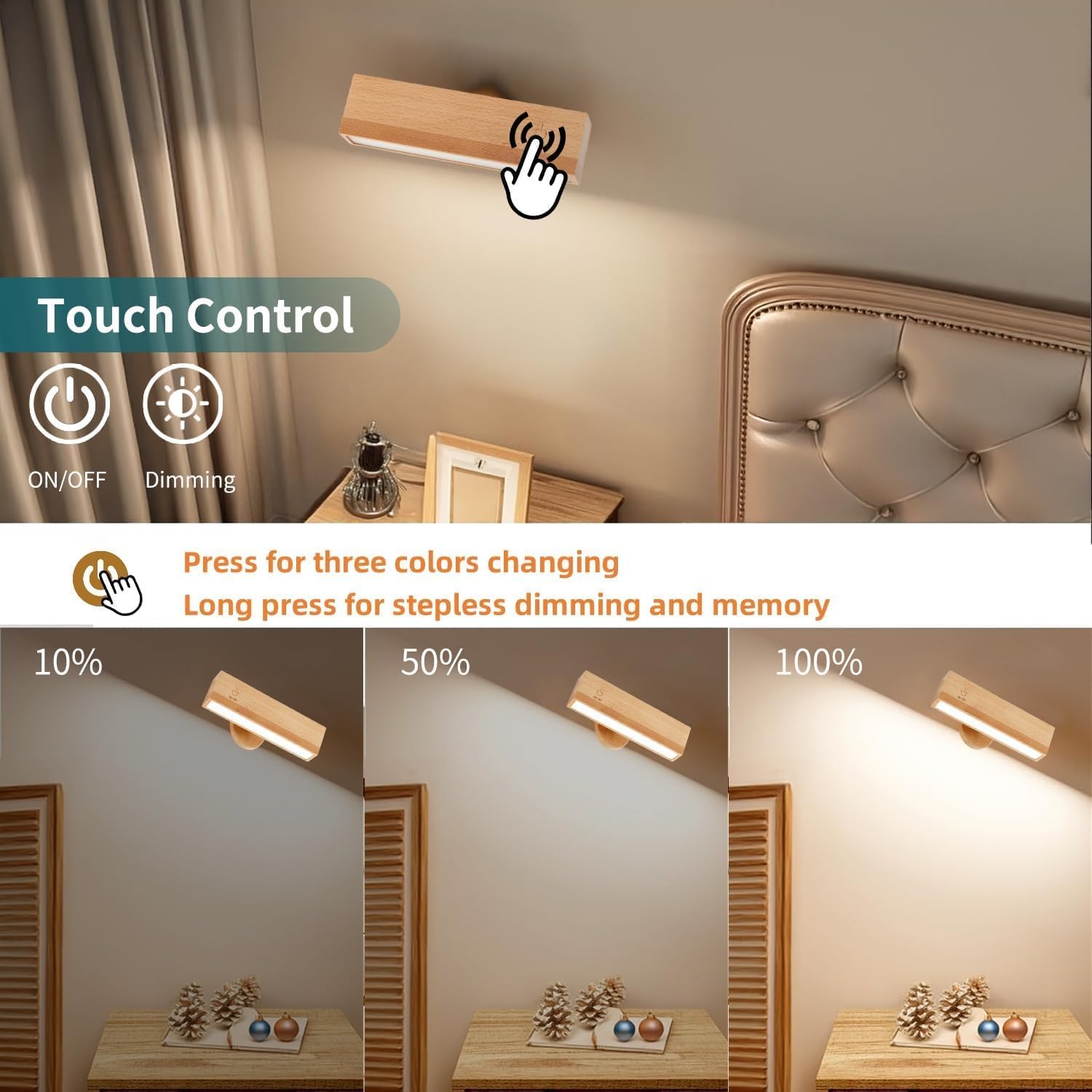 Indoor wall lamp - Wooden LED wall lamp with wireless charging - Bedroom wall lamp - 360° rotating touchscreen dimmable light - Drill-free installation - Suitable for bedroom/living room - Image 6